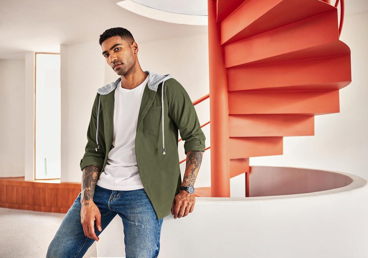 imageCOOFANDY Mens Corduroy Shirt Jackets Long Sleeve Button Down Casual Stylish Hooded Shacket Jacket with PocketArmy Green