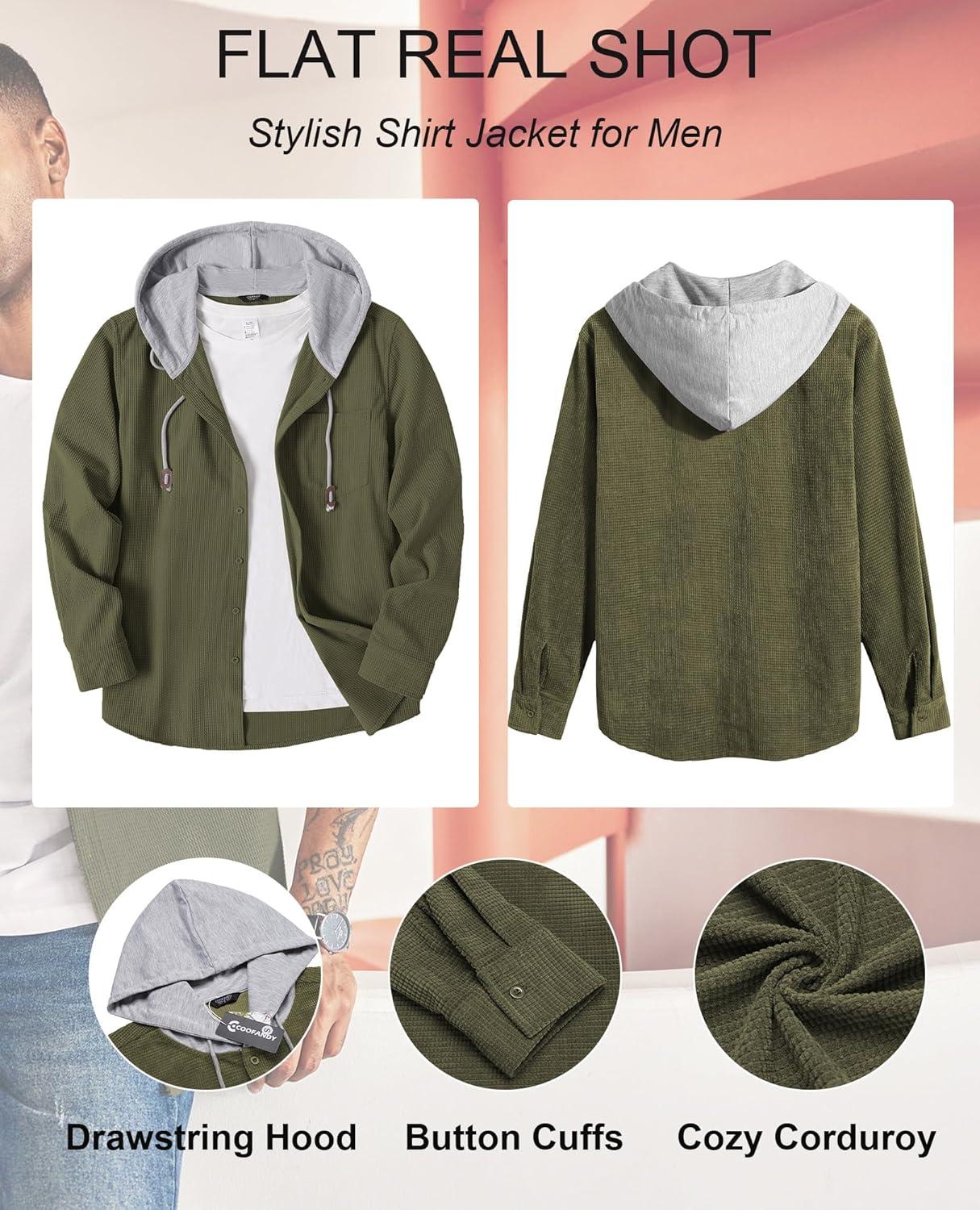 imageCOOFANDY Mens Corduroy Shirt Jackets Long Sleeve Button Down Casual Stylish Hooded Shacket Jacket with PocketArmy Green