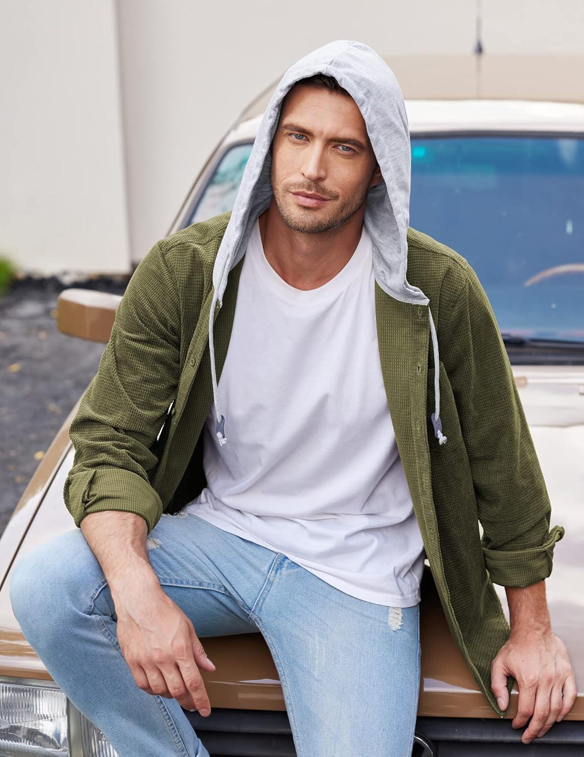 imageCOOFANDY Mens Corduroy Shirt Jackets Long Sleeve Button Down Casual Stylish Hooded Shacket Jacket with PocketArmy Green