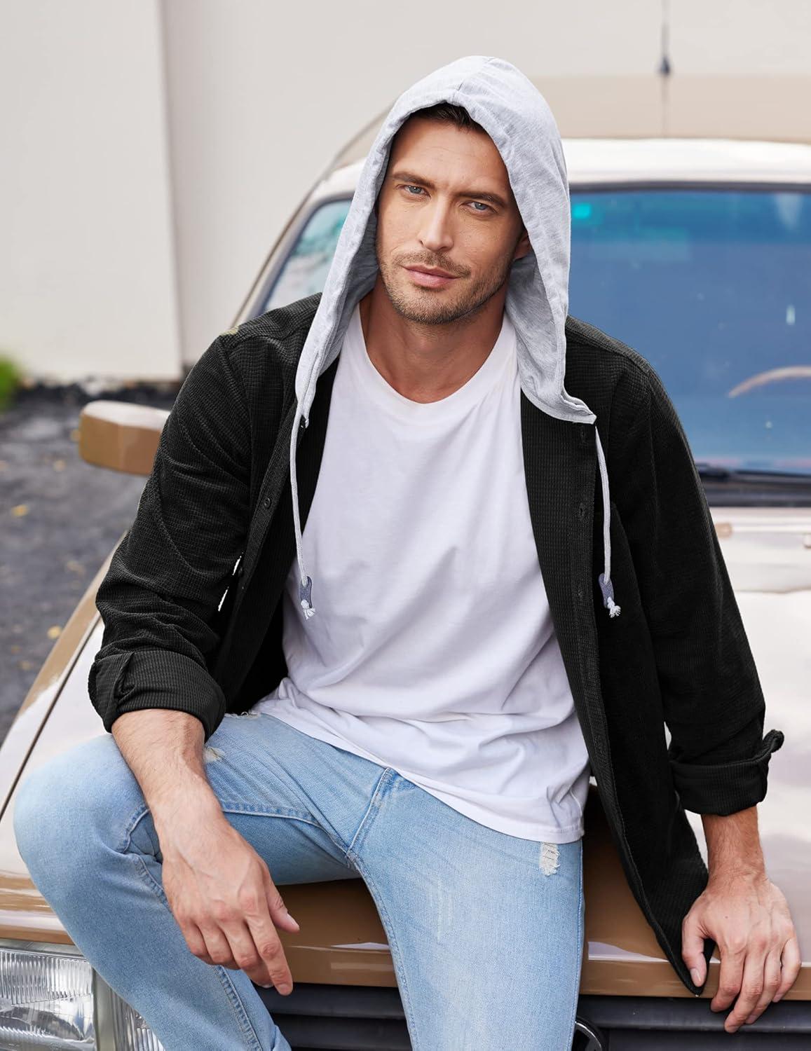 imageCOOFANDY Mens Corduroy Shirt Jackets Long Sleeve Button Down Casual Stylish Hooded Shacket Jacket with PocketBlack