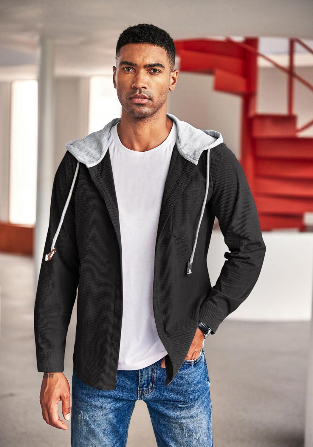 imageCOOFANDY Mens Corduroy Shirt Jackets Long Sleeve Button Down Casual Stylish Hooded Shacket Jacket with PocketBlack
