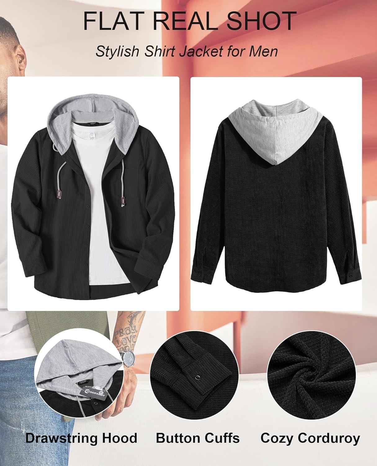 imageCOOFANDY Mens Corduroy Shirt Jackets Long Sleeve Button Down Casual Stylish Hooded Shacket Jacket with PocketBlack