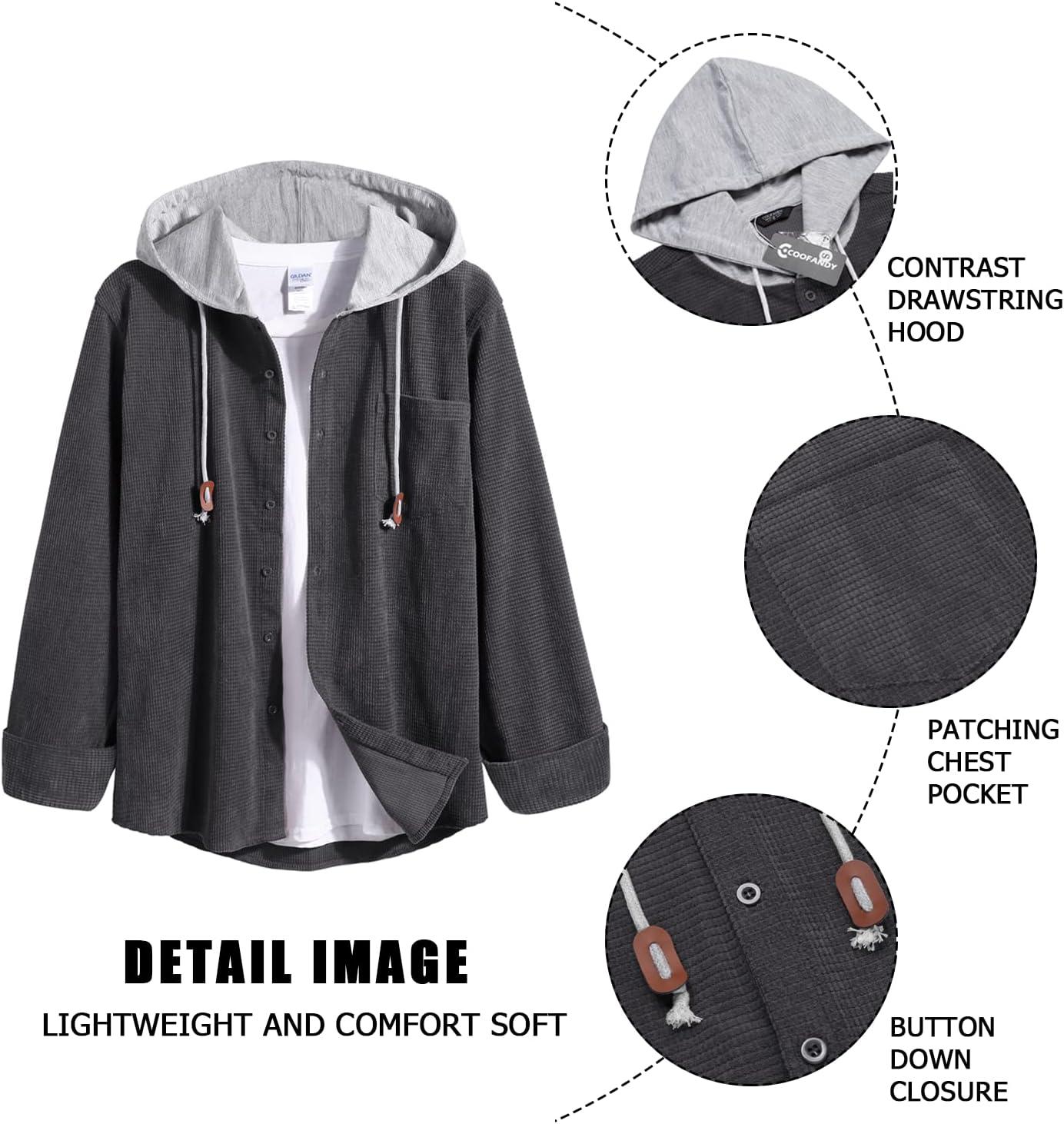 imageCOOFANDY Mens Corduroy Shirt Jackets Long Sleeve Button Down Casual Stylish Hooded Shacket Jacket with PocketDark Grey