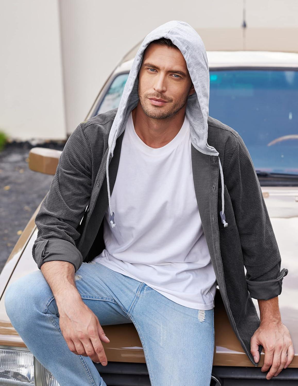 imageCOOFANDY Mens Corduroy Shirt Jackets Long Sleeve Button Down Casual Stylish Hooded Shacket Jacket with PocketDark Grey