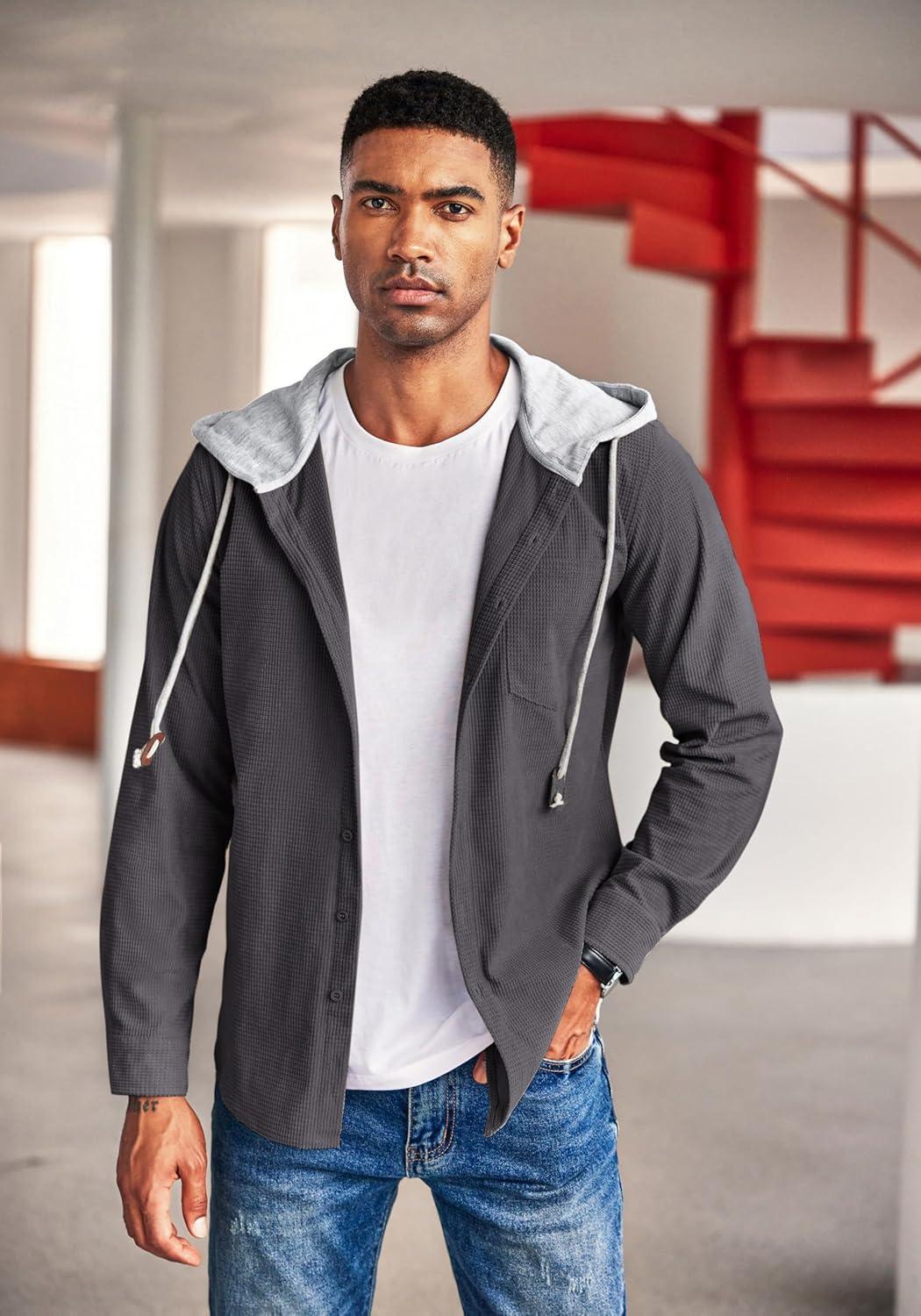 imageCOOFANDY Mens Corduroy Shirt Jackets Long Sleeve Button Down Casual Stylish Hooded Shacket Jacket with PocketDark Grey