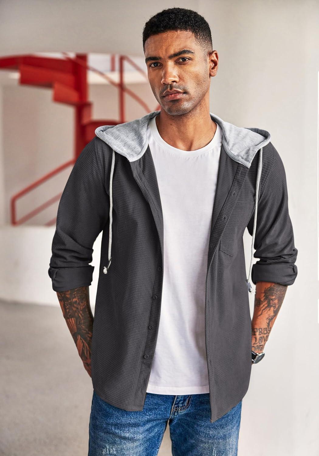 imageCOOFANDY Mens Corduroy Shirt Jackets Long Sleeve Button Down Casual Stylish Hooded Shacket Jacket with PocketDark Grey