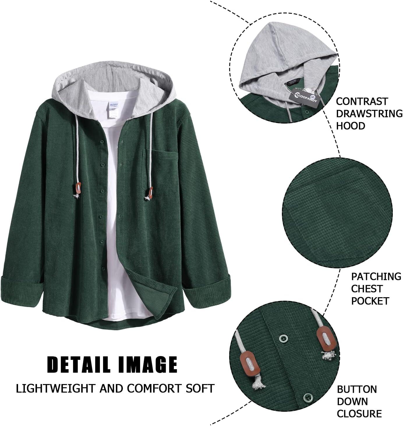 imageCOOFANDY Mens Corduroy Shirt Jackets Long Sleeve Button Down Casual Stylish Hooded Shacket Jacket with PocketGreen