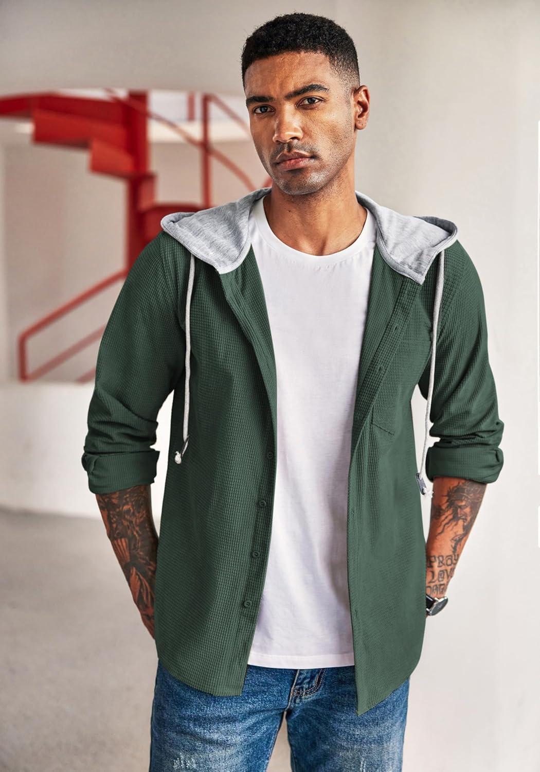 imageCOOFANDY Mens Corduroy Shirt Jackets Long Sleeve Button Down Casual Stylish Hooded Shacket Jacket with PocketGreen