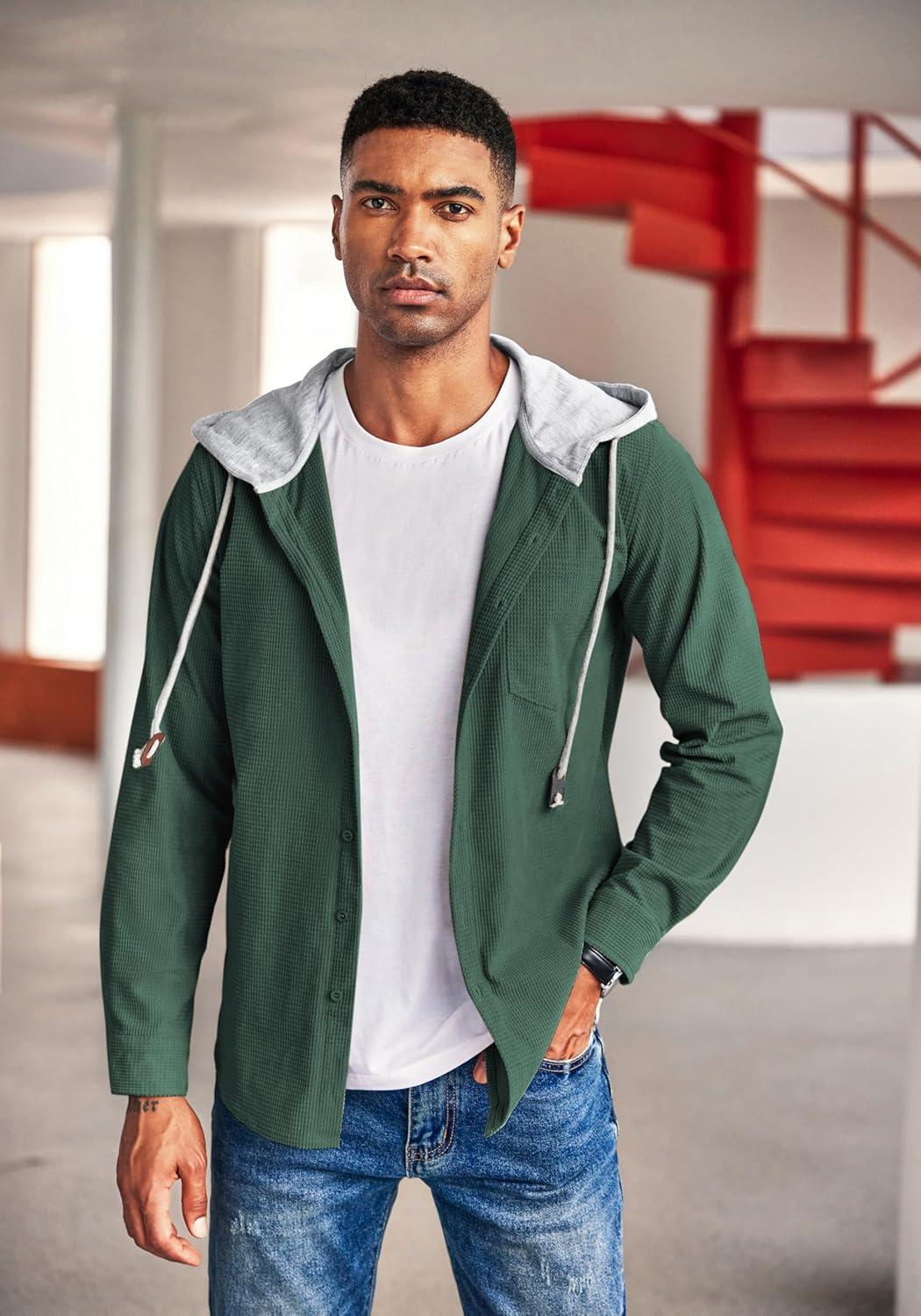 imageCOOFANDY Mens Corduroy Shirt Jackets Long Sleeve Button Down Casual Stylish Hooded Shacket Jacket with PocketGreen