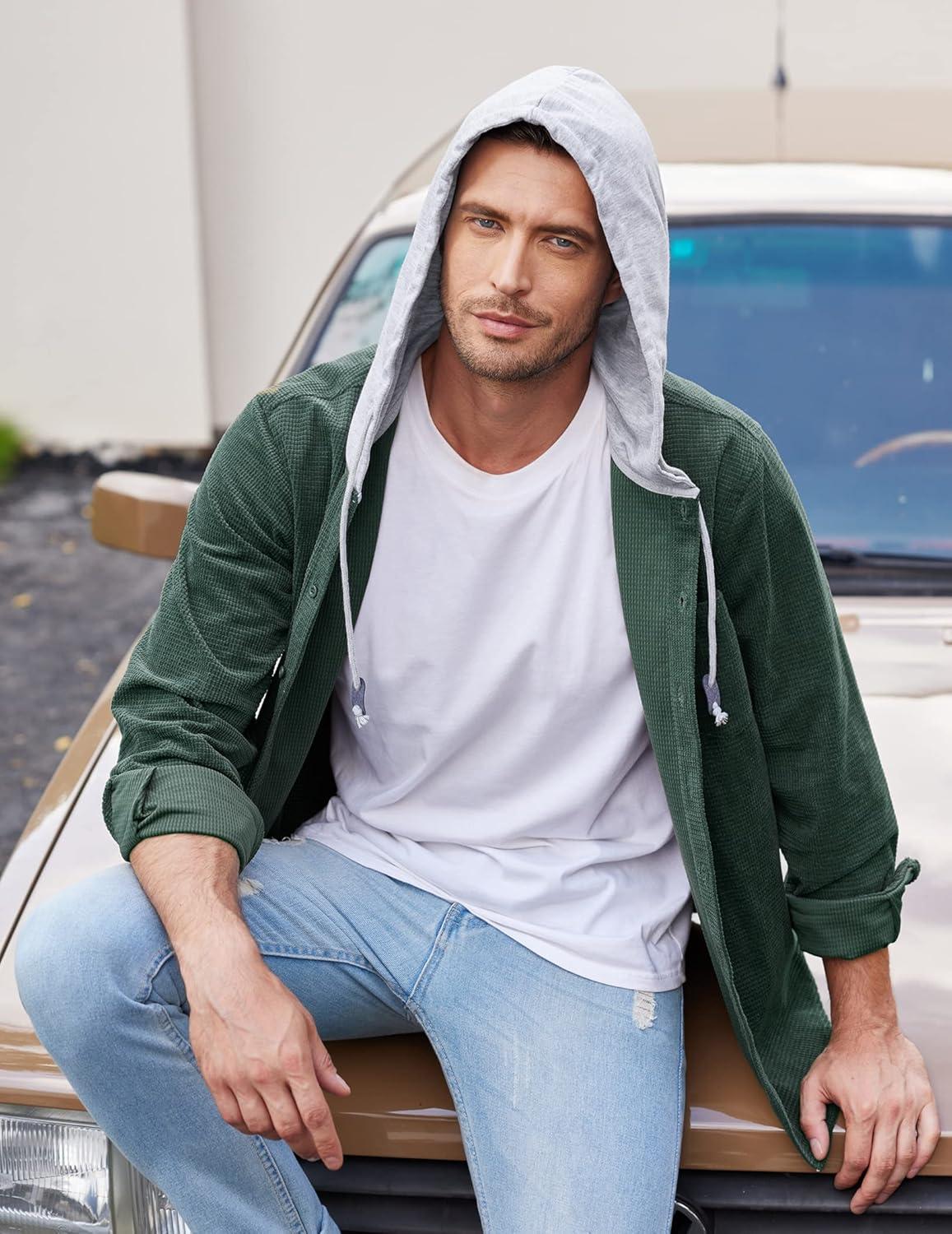 imageCOOFANDY Mens Corduroy Shirt Jackets Long Sleeve Button Down Casual Stylish Hooded Shacket Jacket with PocketGreen
