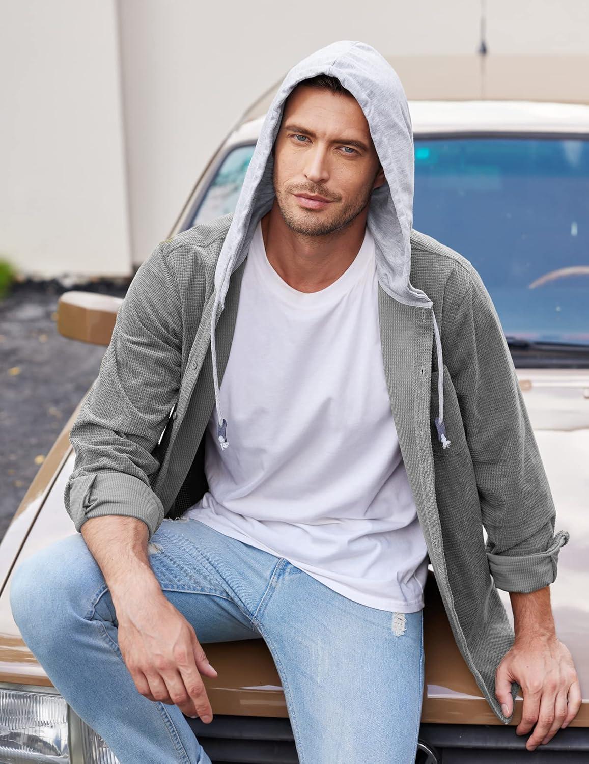 imageCOOFANDY Mens Corduroy Shirt Jackets Long Sleeve Button Down Casual Stylish Hooded Shacket Jacket with PocketGrey