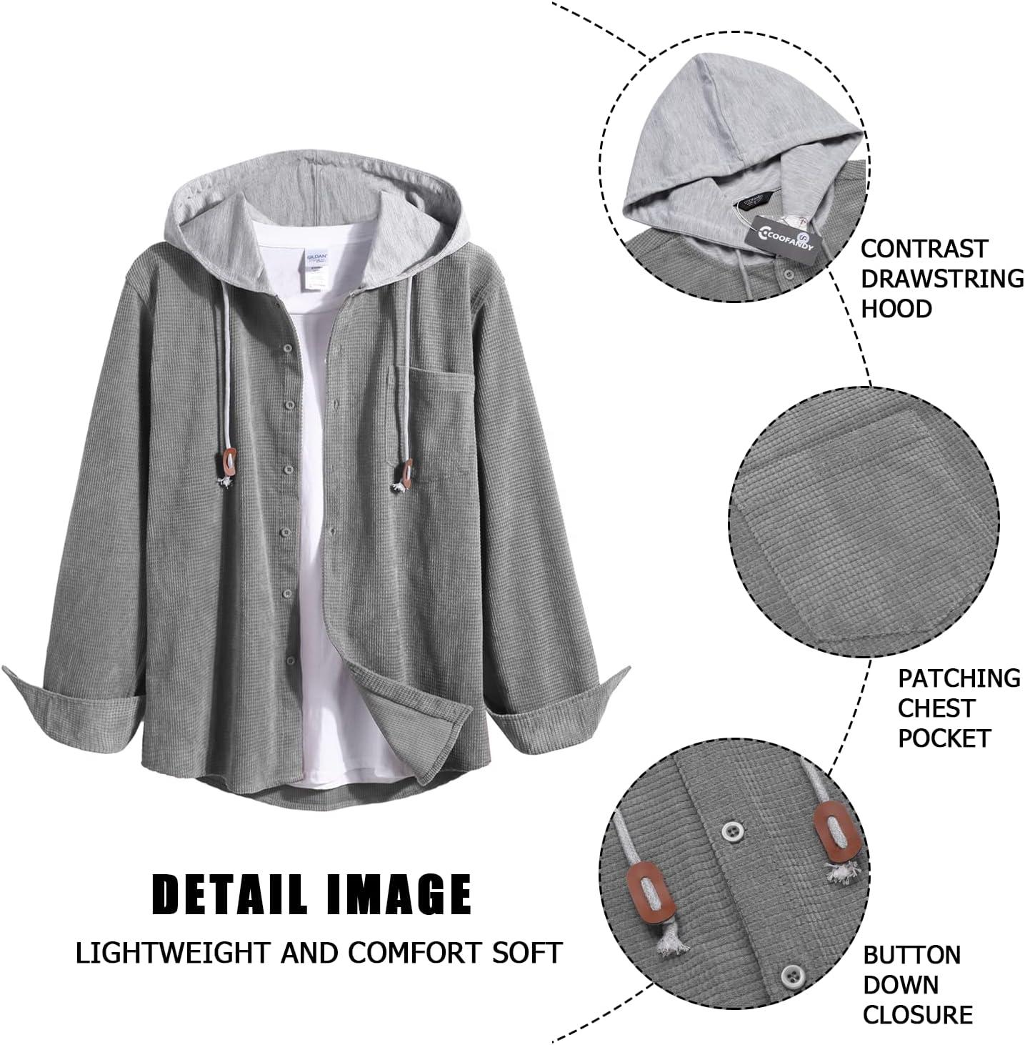 imageCOOFANDY Mens Corduroy Shirt Jackets Long Sleeve Button Down Casual Stylish Hooded Shacket Jacket with PocketGrey