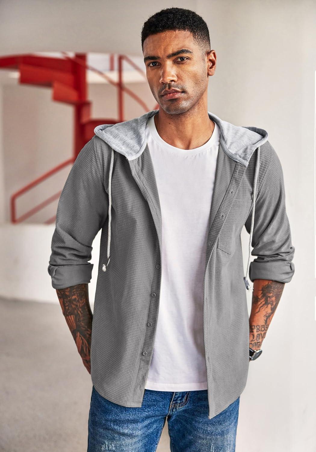imageCOOFANDY Mens Corduroy Shirt Jackets Long Sleeve Button Down Casual Stylish Hooded Shacket Jacket with PocketGrey