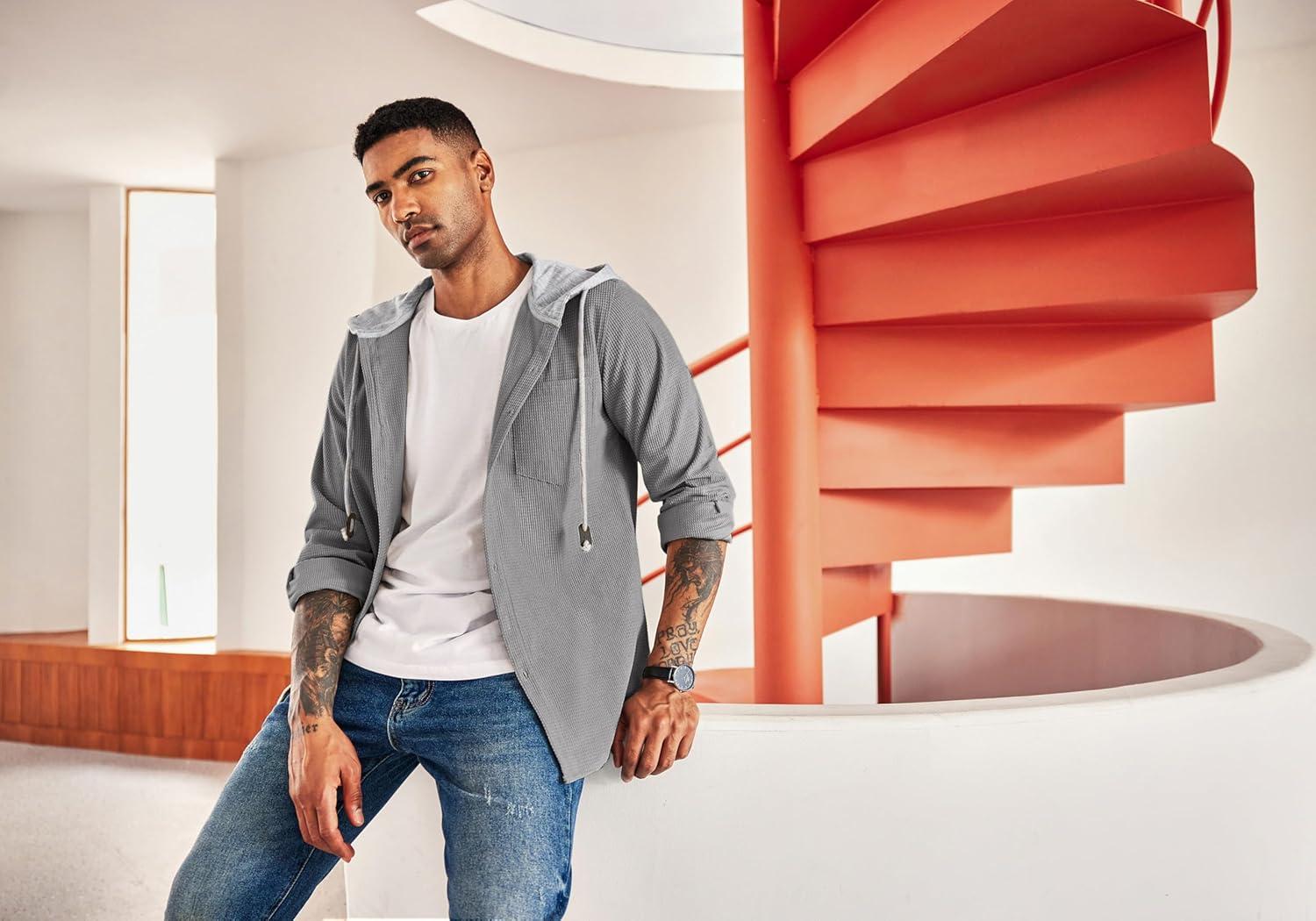 imageCOOFANDY Mens Corduroy Shirt Jackets Long Sleeve Button Down Casual Stylish Hooded Shacket Jacket with PocketGrey