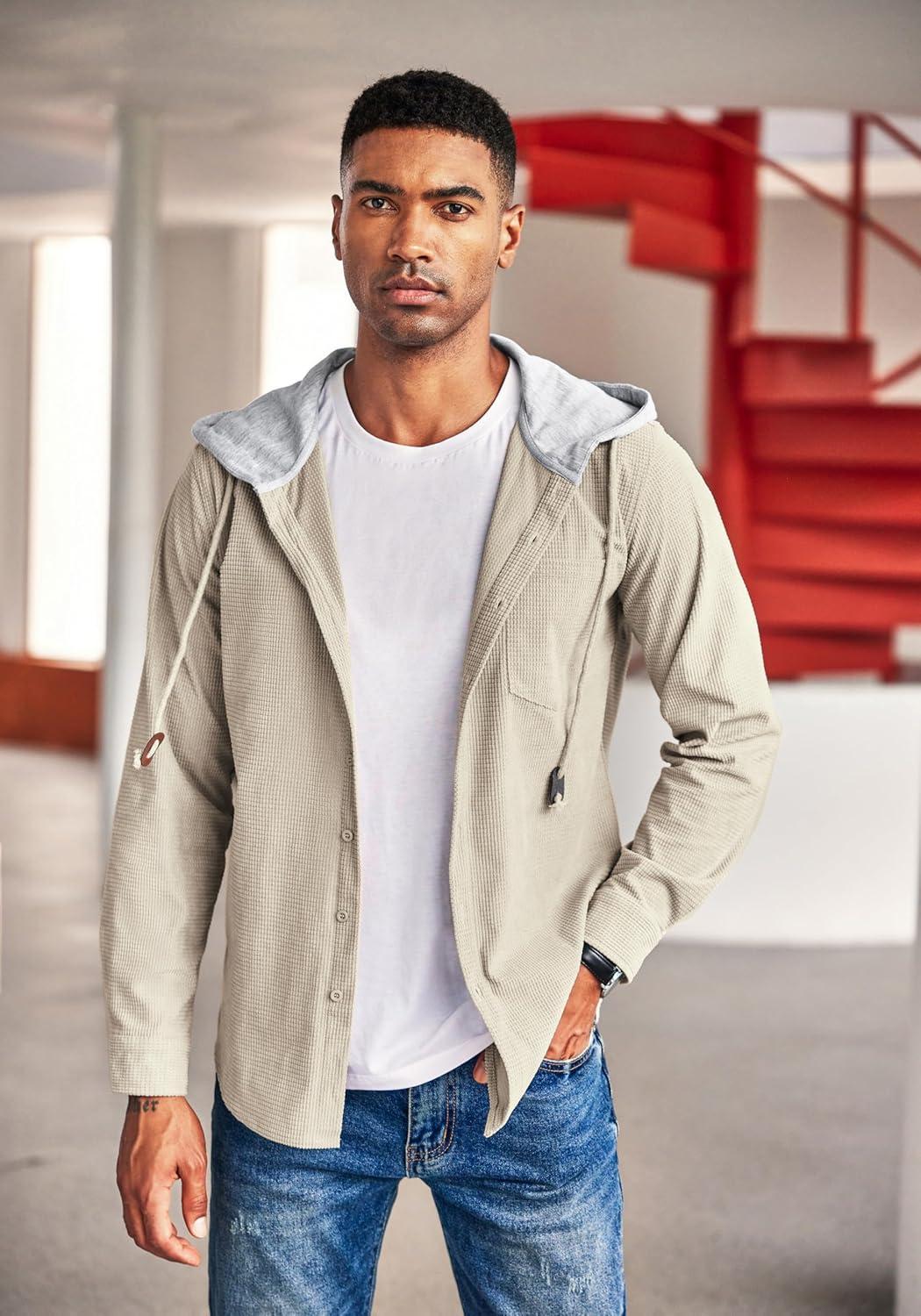 imageCOOFANDY Mens Corduroy Shirt Jackets Long Sleeve Button Down Casual Stylish Hooded Shacket Jacket with PocketKhaki