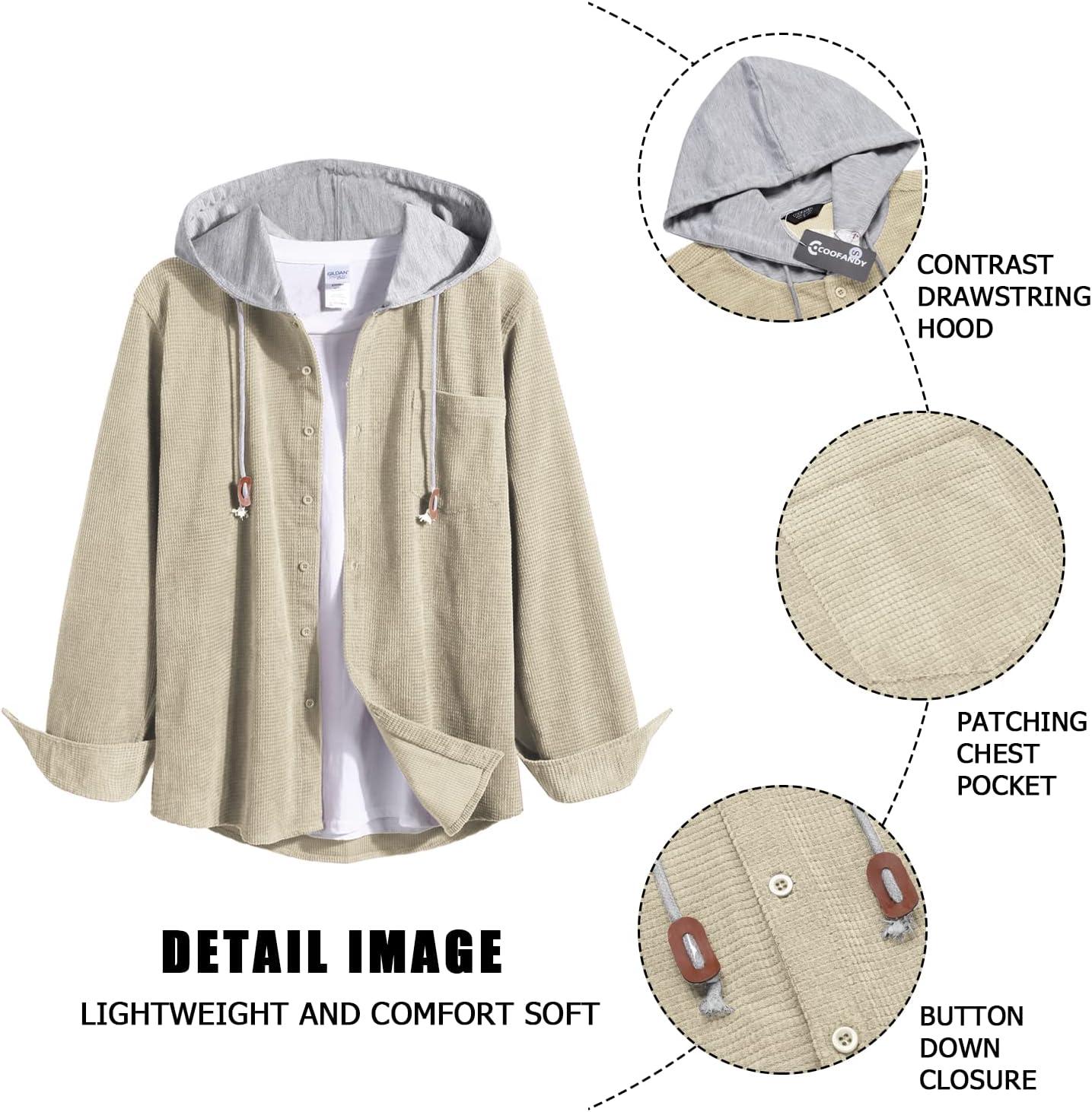 imageCOOFANDY Mens Corduroy Shirt Jackets Long Sleeve Button Down Casual Stylish Hooded Shacket Jacket with PocketKhaki