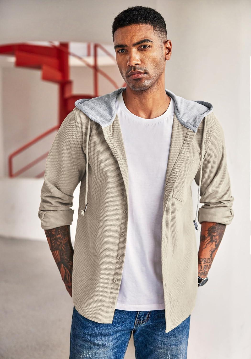 imageCOOFANDY Mens Corduroy Shirt Jackets Long Sleeve Button Down Casual Stylish Hooded Shacket Jacket with PocketKhaki