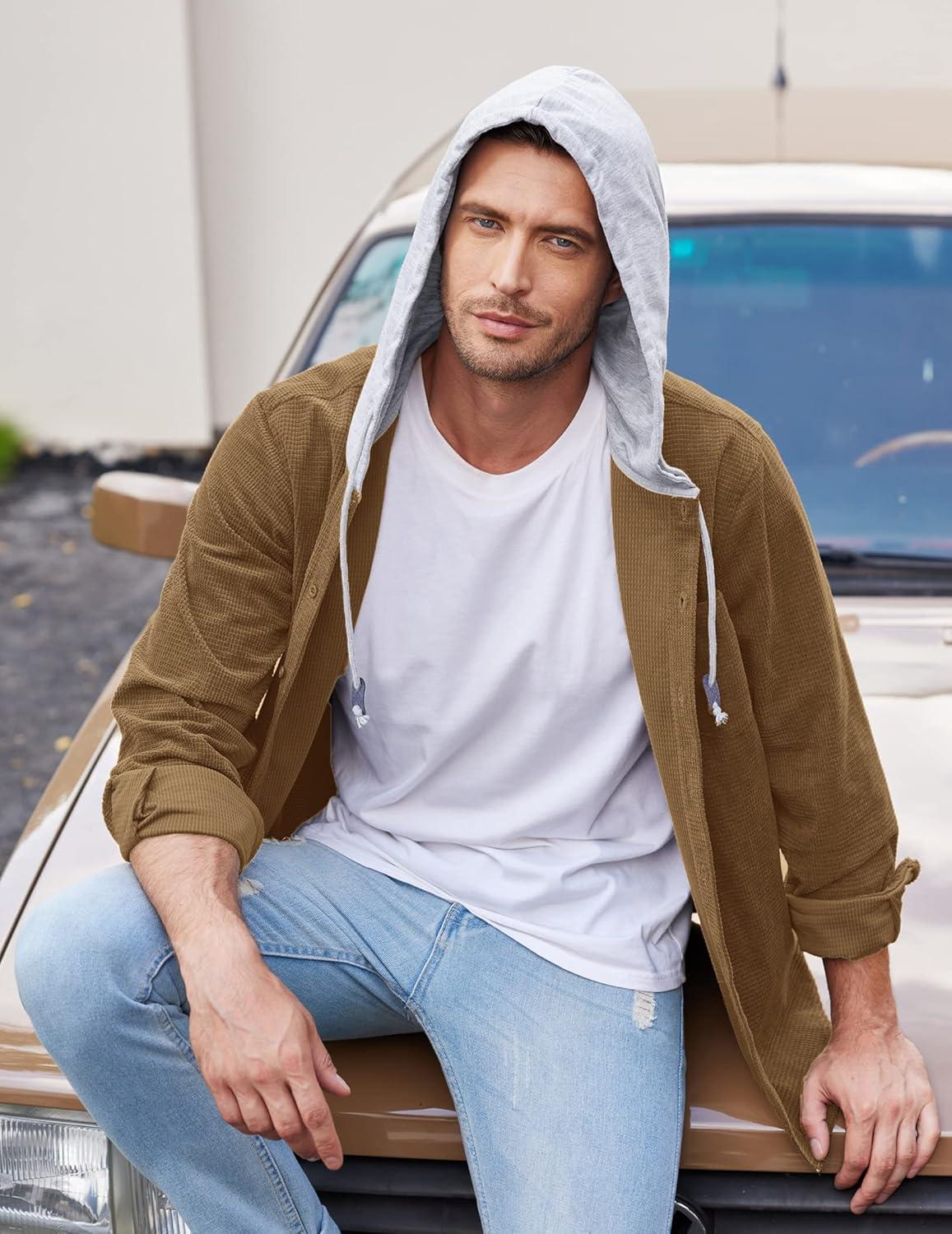imageCOOFANDY Mens Corduroy Shirt Jackets Long Sleeve Button Down Casual Stylish Hooded Shacket Jacket with PocketLight Brown