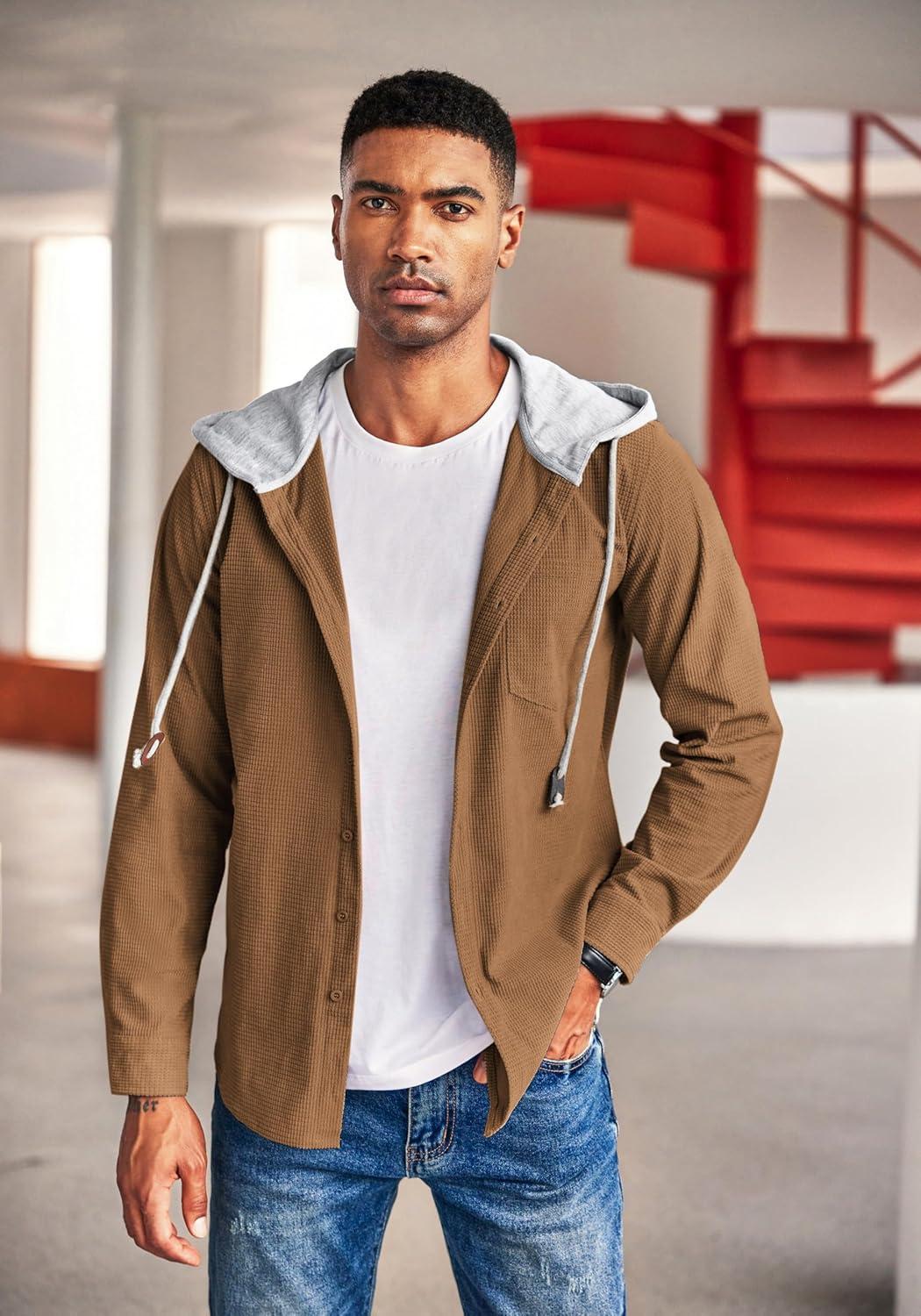imageCOOFANDY Mens Corduroy Shirt Jackets Long Sleeve Button Down Casual Stylish Hooded Shacket Jacket with PocketLight Brown
