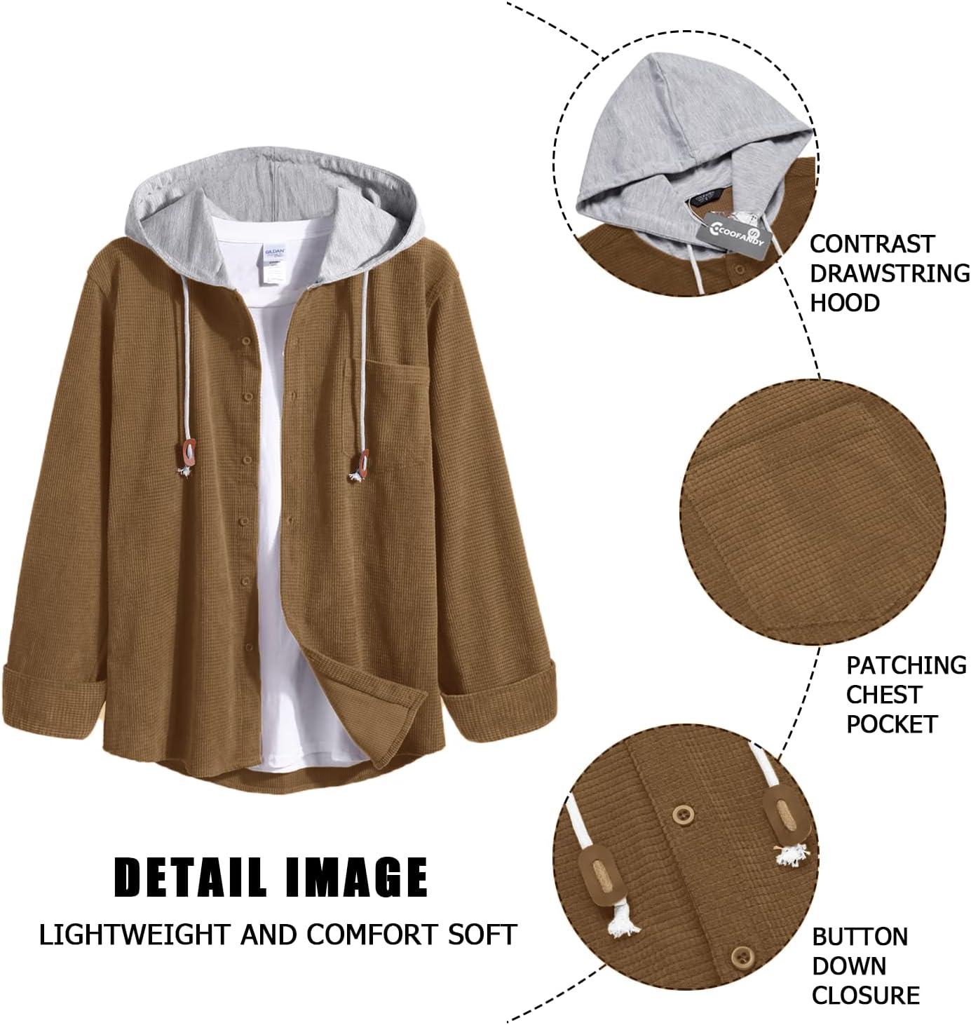 imageCOOFANDY Mens Corduroy Shirt Jackets Long Sleeve Button Down Casual Stylish Hooded Shacket Jacket with PocketLight Brown