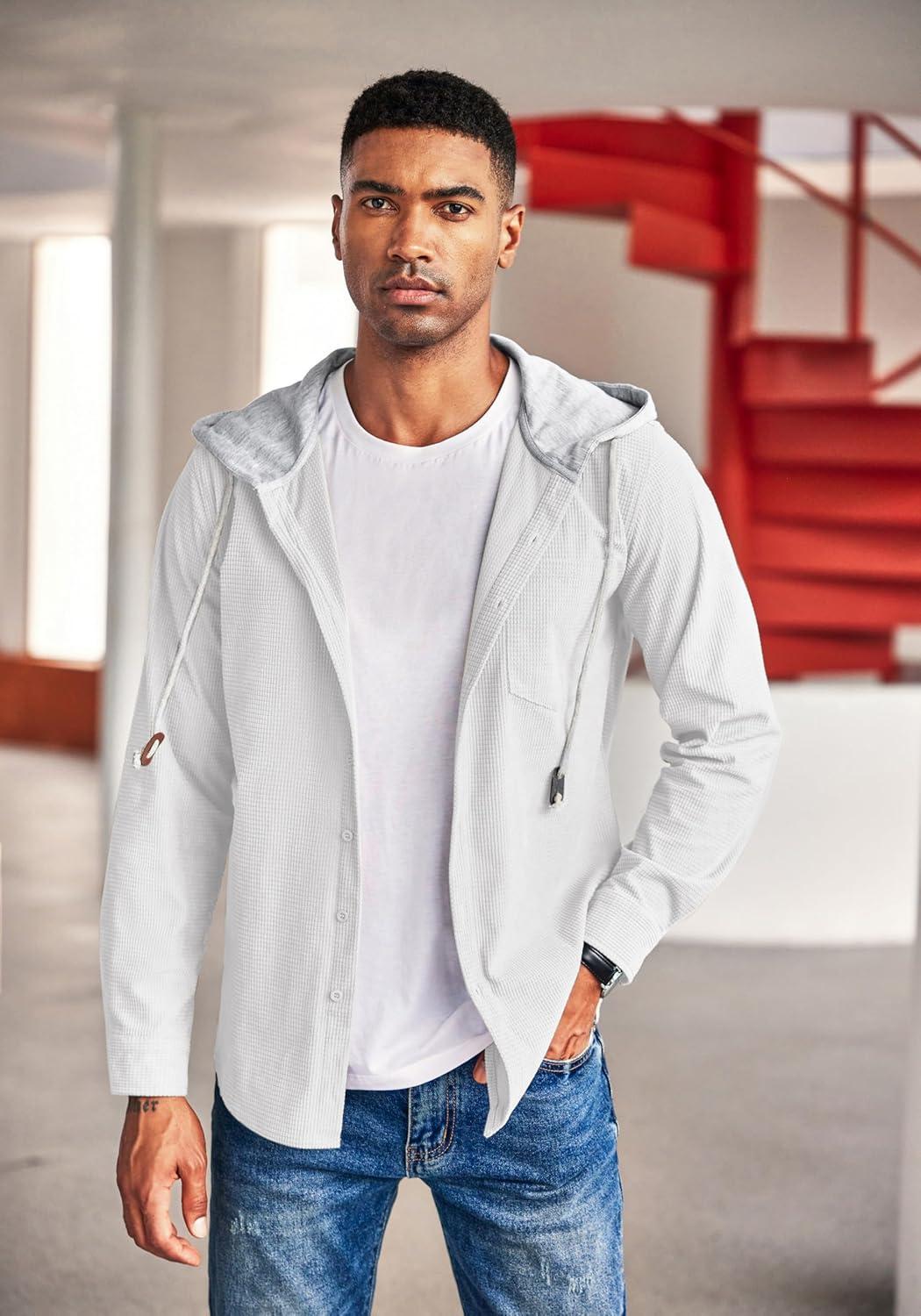 imageCOOFANDY Mens Corduroy Shirt Jackets Long Sleeve Button Down Casual Stylish Hooded Shacket Jacket with PocketPure White
