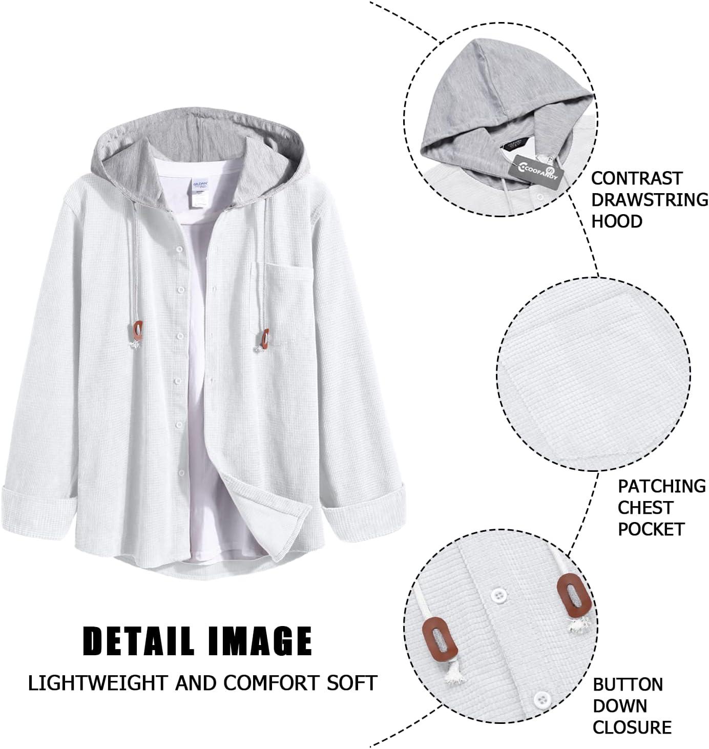 imageCOOFANDY Mens Corduroy Shirt Jackets Long Sleeve Button Down Casual Stylish Hooded Shacket Jacket with PocketPure White