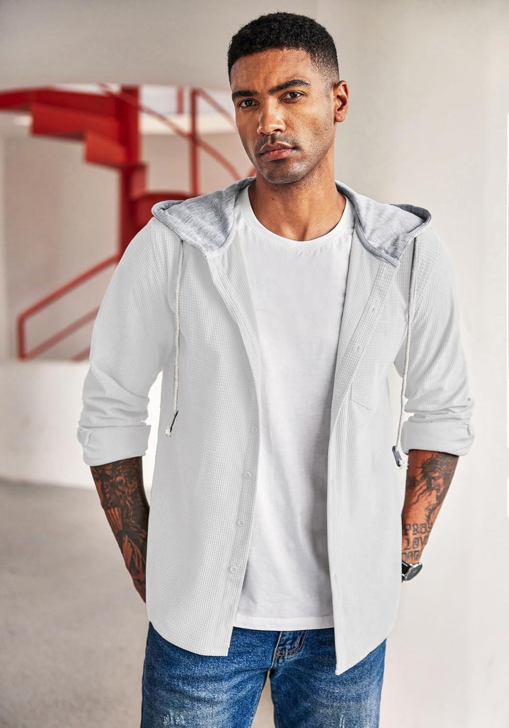 imageCOOFANDY Mens Corduroy Shirt Jackets Long Sleeve Button Down Casual Stylish Hooded Shacket Jacket with PocketPure White