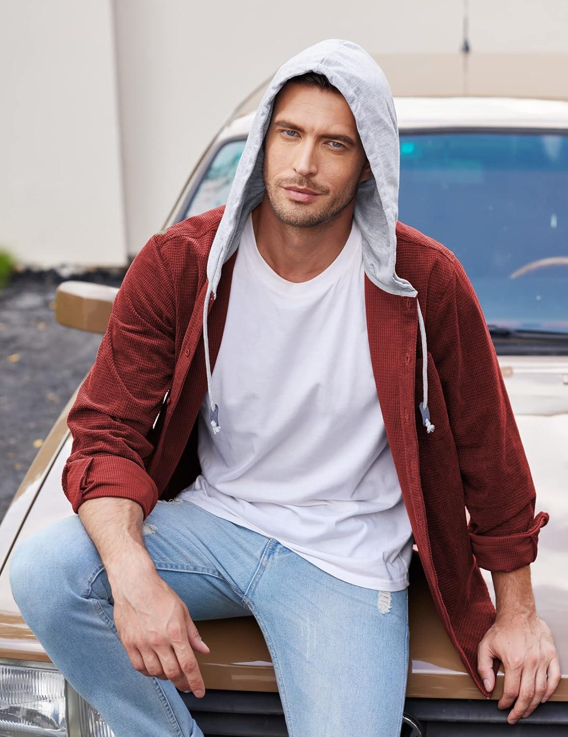 imageCOOFANDY Mens Corduroy Shirt Jackets Long Sleeve Button Down Casual Stylish Hooded Shacket Jacket with PocketWine Red