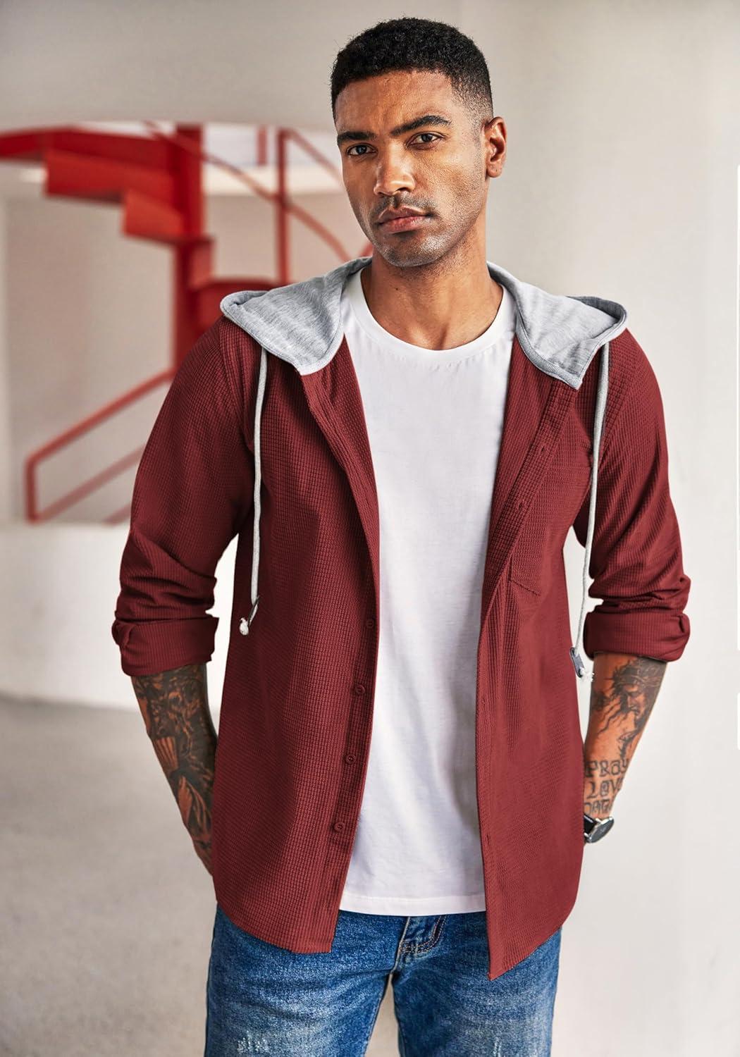 imageCOOFANDY Mens Corduroy Shirt Jackets Long Sleeve Button Down Casual Stylish Hooded Shacket Jacket with PocketWine Red