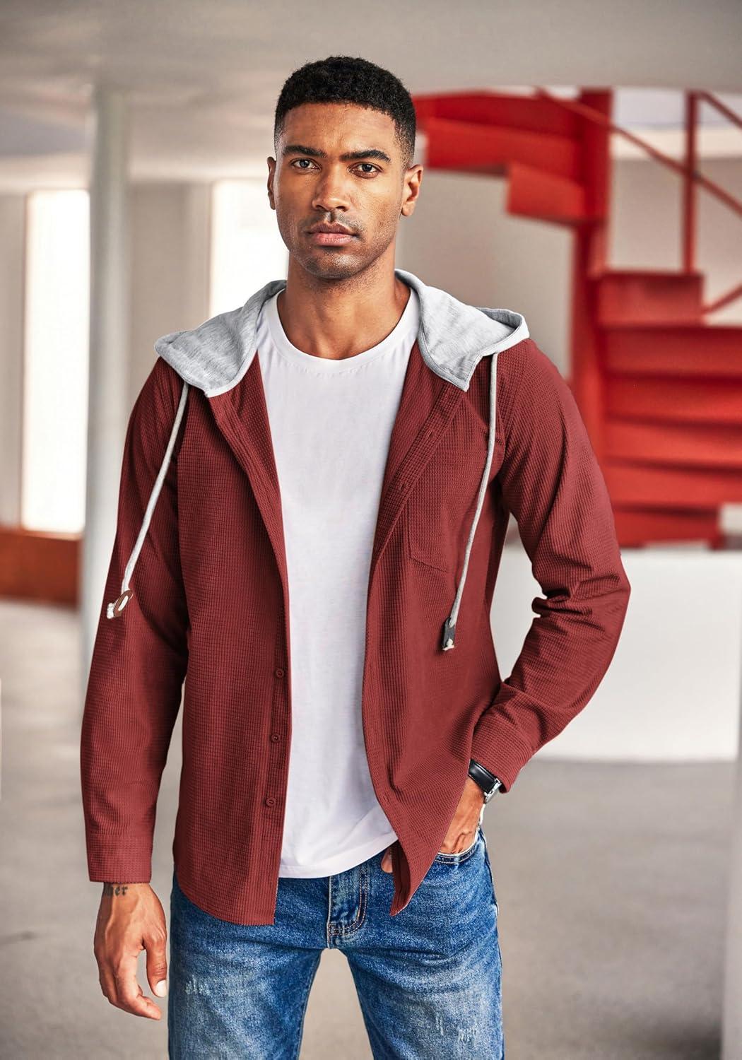 imageCOOFANDY Mens Corduroy Shirt Jackets Long Sleeve Button Down Casual Stylish Hooded Shacket Jacket with PocketWine Red