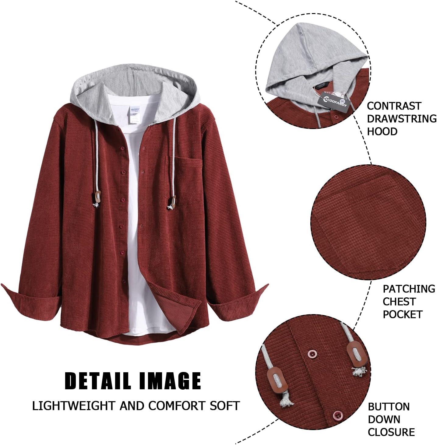 imageCOOFANDY Mens Corduroy Shirt Jackets Long Sleeve Button Down Casual Stylish Hooded Shacket Jacket with PocketWine Red