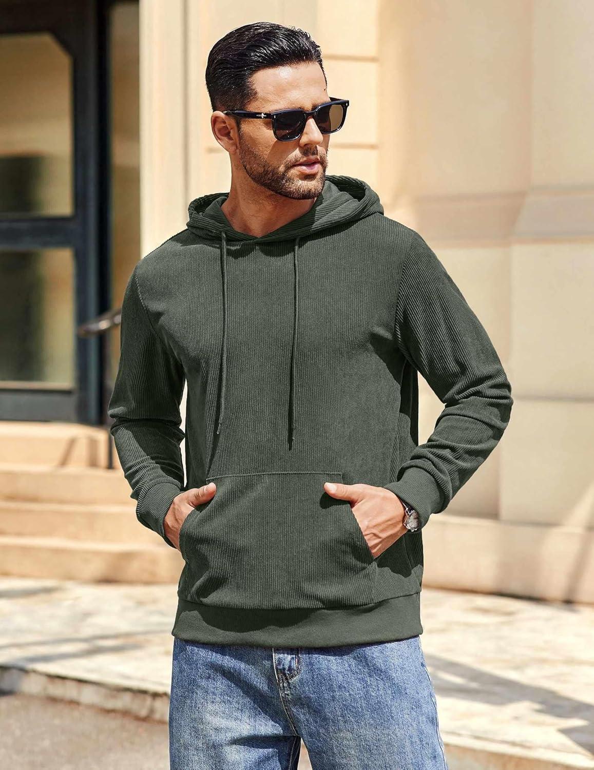 imageCOOFANDY Mens Hooded Sweatshirt Long Sleeve Casual Corduroy Drawstring Pullover Hoodies with PocketArmy Green