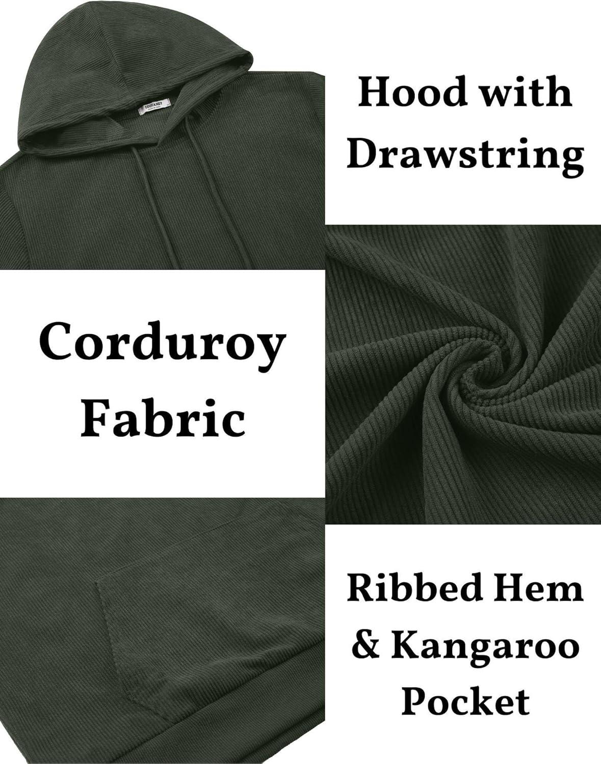 imageCOOFANDY Mens Hooded Sweatshirt Long Sleeve Casual Corduroy Drawstring Pullover Hoodies with PocketArmy Green