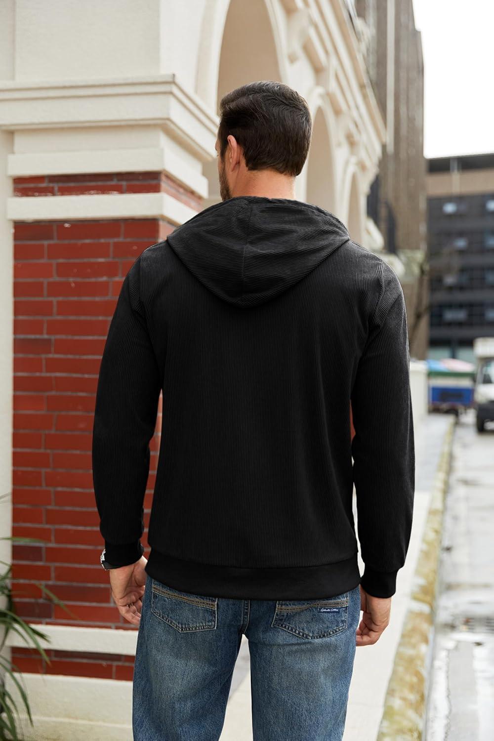 imageCOOFANDY Mens Hooded Sweatshirt Long Sleeve Casual Corduroy Drawstring Pullover Hoodies with PocketBlack