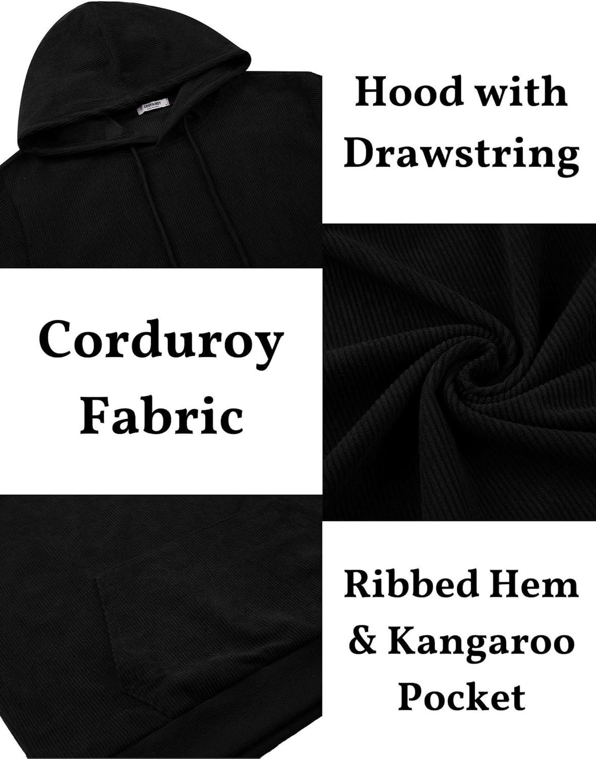 imageCOOFANDY Mens Hooded Sweatshirt Long Sleeve Casual Corduroy Drawstring Pullover Hoodies with PocketBlack