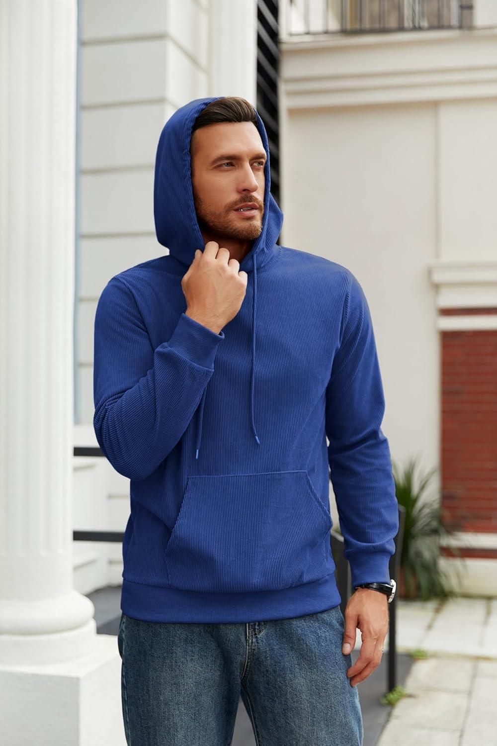imageCOOFANDY Mens Hooded Sweatshirt Long Sleeve Casual Corduroy Drawstring Pullover Hoodies with PocketBlue