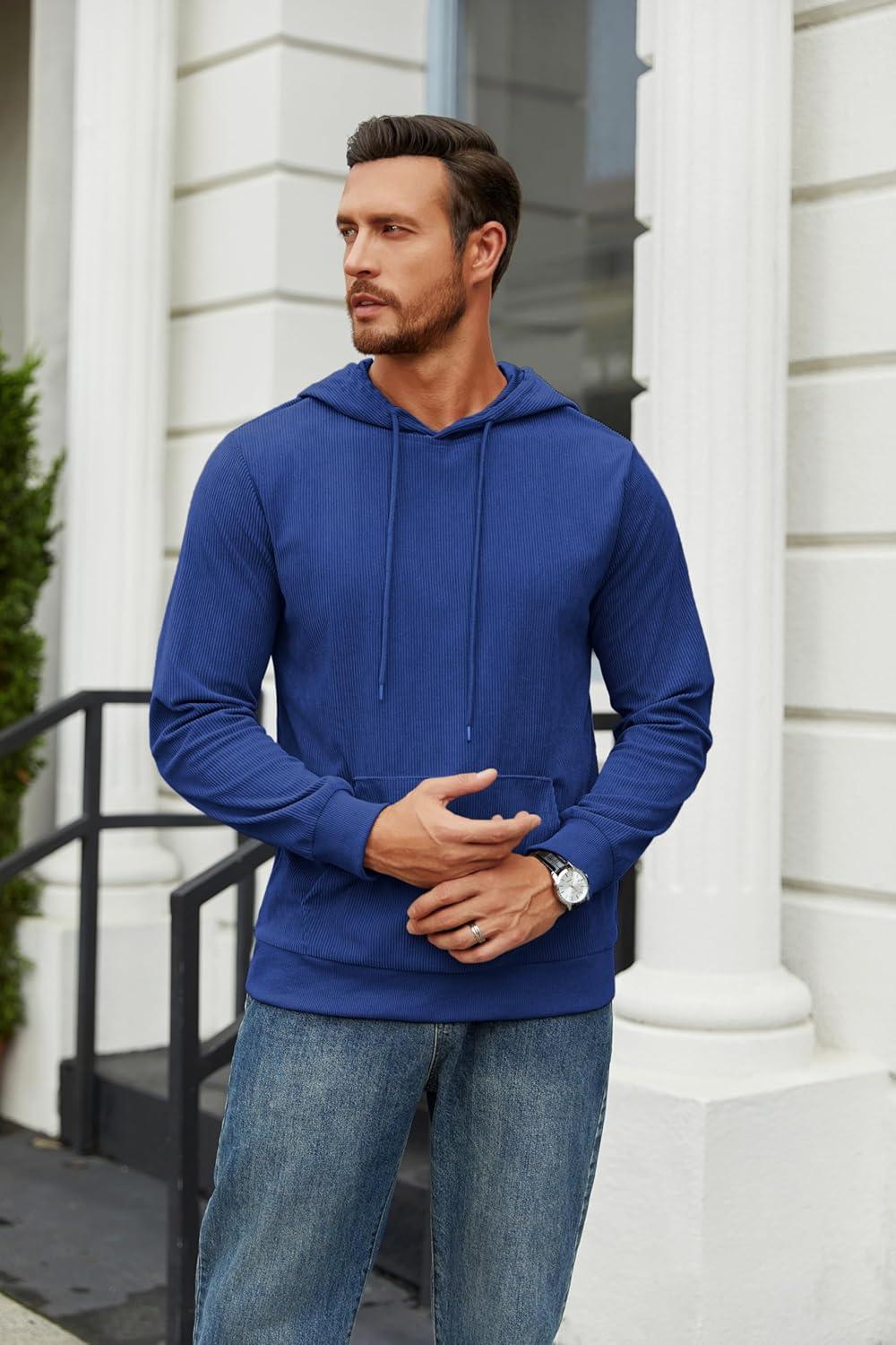 imageCOOFANDY Mens Hooded Sweatshirt Long Sleeve Casual Corduroy Drawstring Pullover Hoodies with PocketBlue