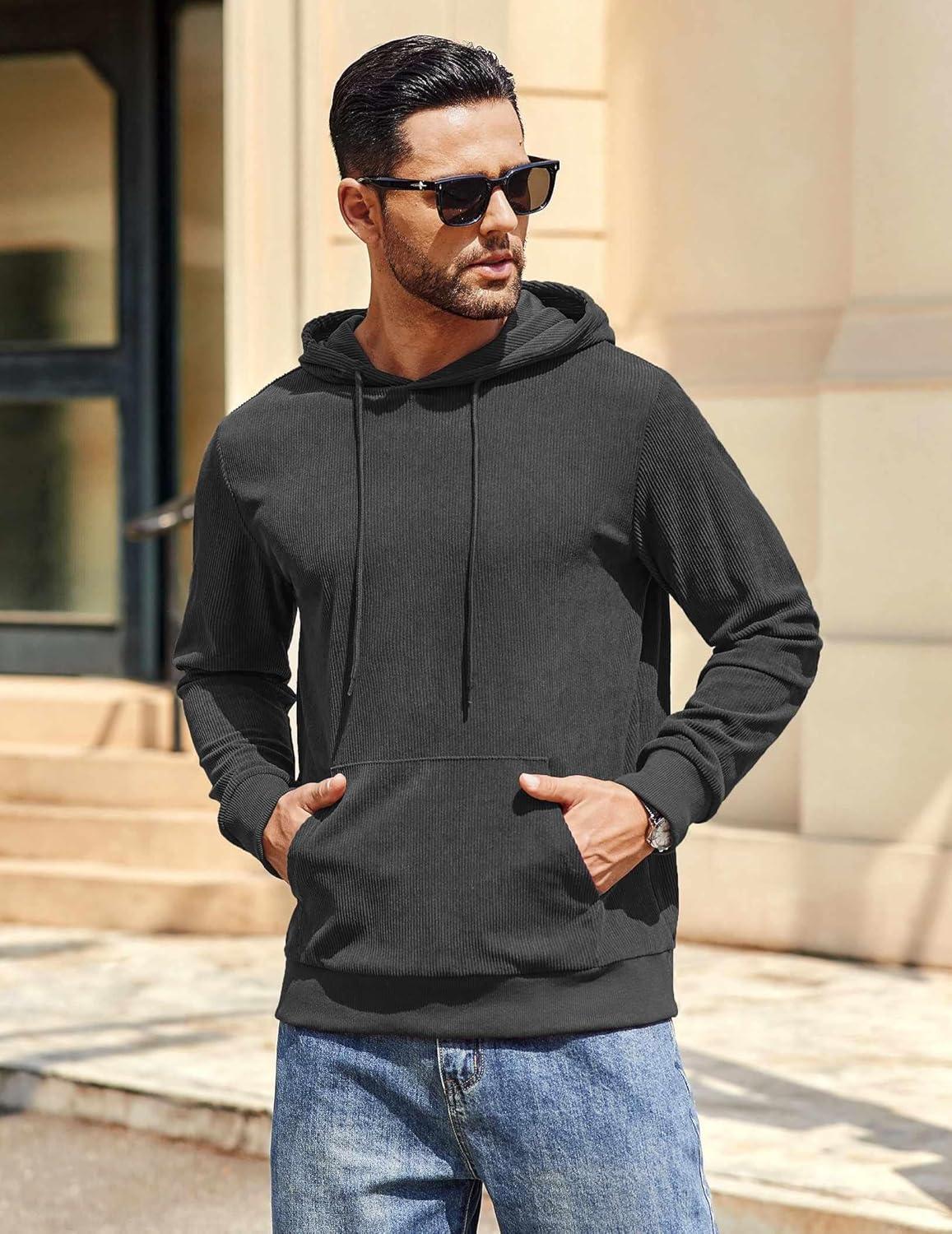 imageCOOFANDY Mens Hooded Sweatshirt Long Sleeve Casual Corduroy Drawstring Pullover Hoodies with PocketDark Grey