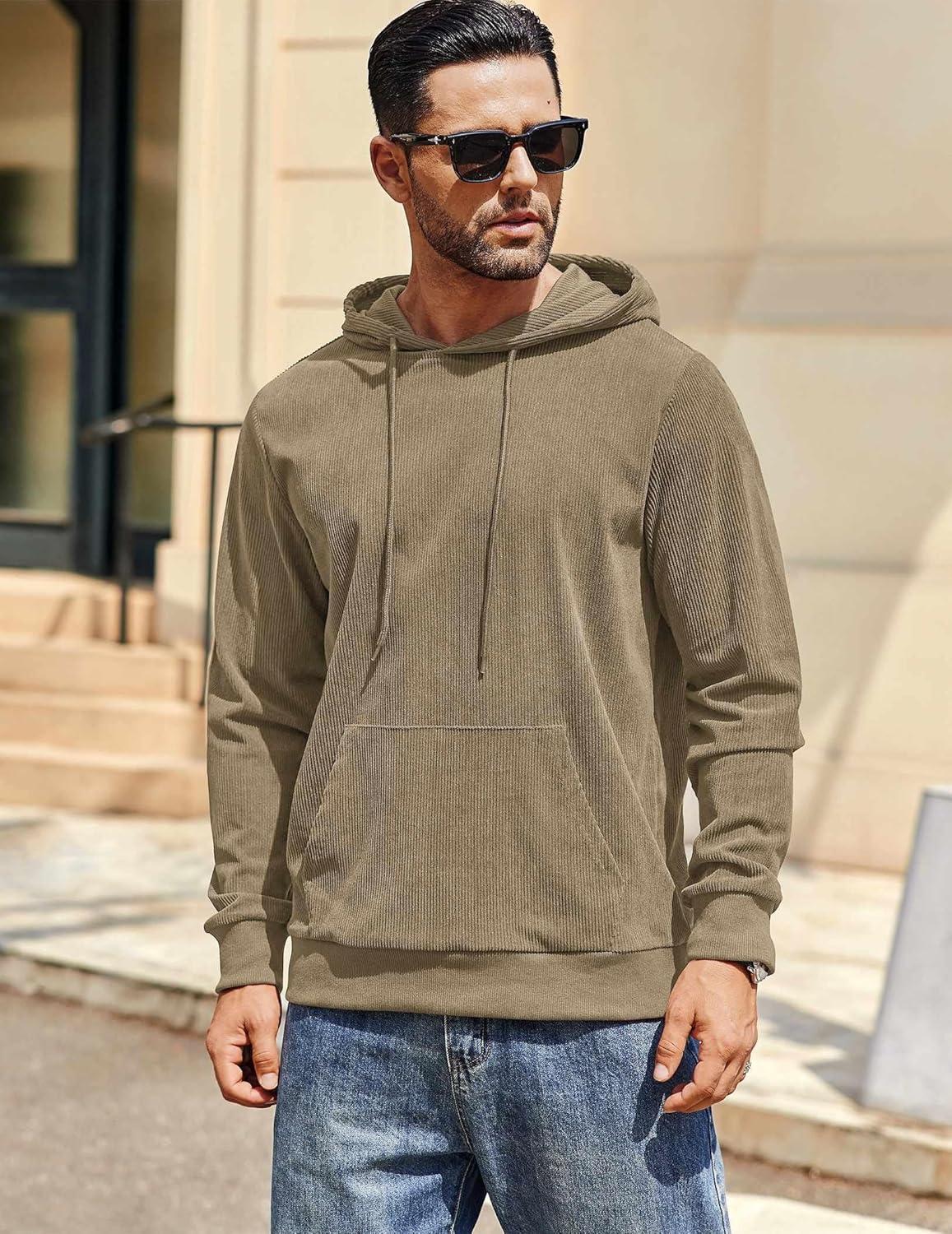 imageCOOFANDY Mens Hooded Sweatshirt Long Sleeve Casual Corduroy Drawstring Pullover Hoodies with PocketKhaki