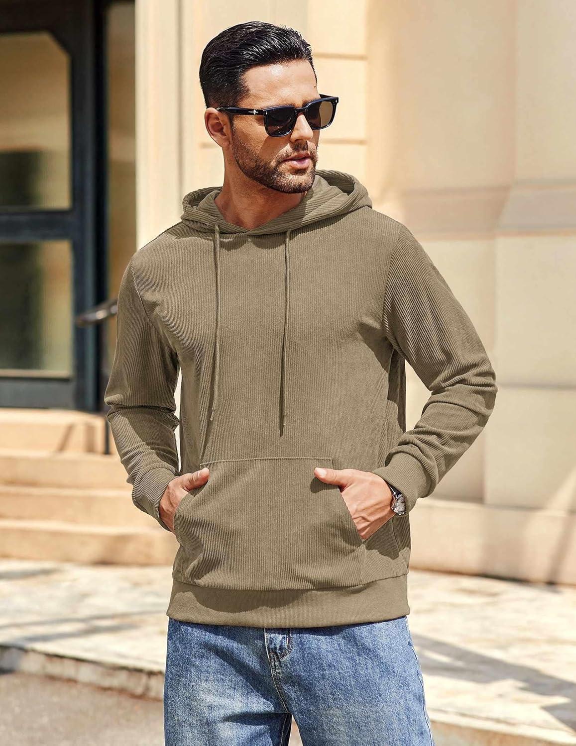 imageCOOFANDY Mens Hooded Sweatshirt Long Sleeve Casual Corduroy Drawstring Pullover Hoodies with PocketKhaki