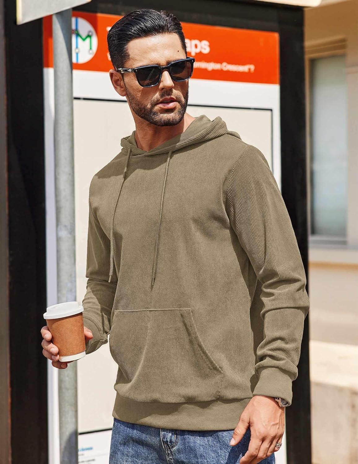 imageCOOFANDY Mens Hooded Sweatshirt Long Sleeve Casual Corduroy Drawstring Pullover Hoodies with PocketKhaki