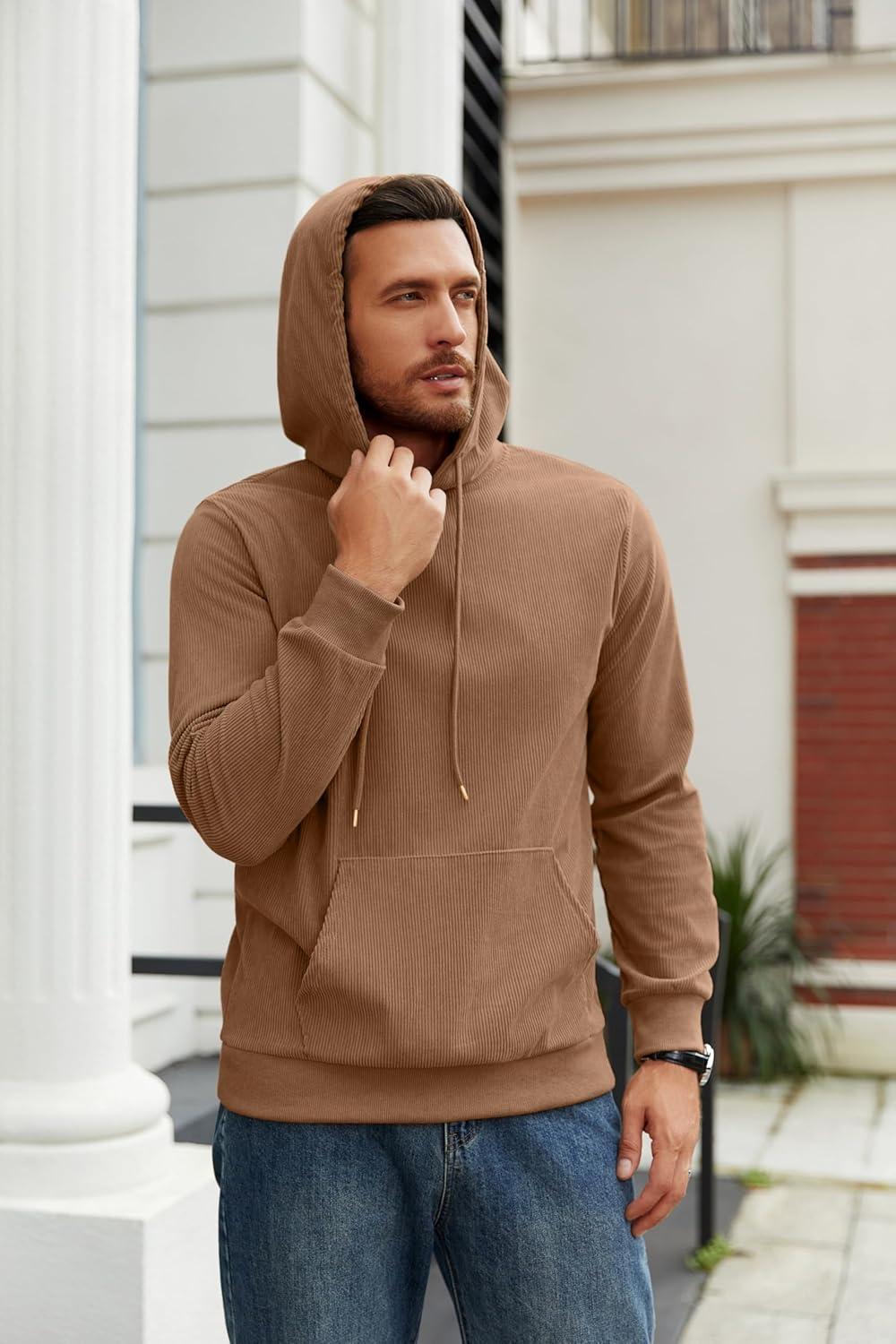 imageCOOFANDY Mens Hooded Sweatshirt Long Sleeve Casual Corduroy Drawstring Pullover Hoodies with PocketLight Brown
