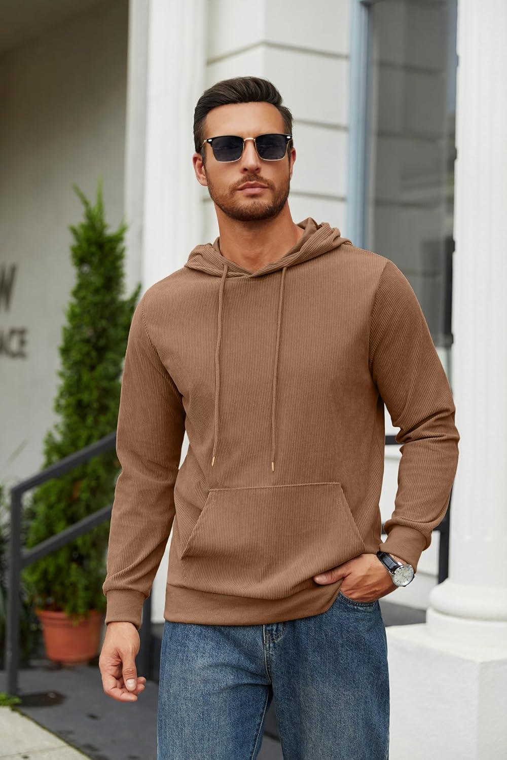 imageCOOFANDY Mens Hooded Sweatshirt Long Sleeve Casual Corduroy Drawstring Pullover Hoodies with PocketLight Brown