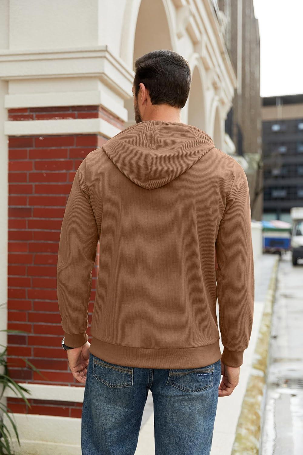 imageCOOFANDY Mens Hooded Sweatshirt Long Sleeve Casual Corduroy Drawstring Pullover Hoodies with PocketLight Brown