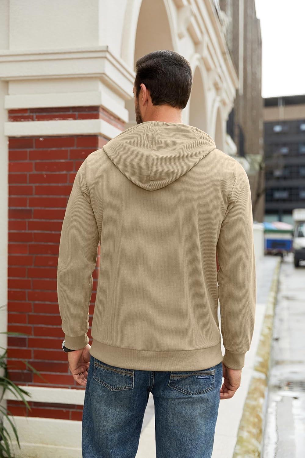 imageCOOFANDY Mens Hooded Sweatshirt Long Sleeve Casual Corduroy Drawstring Pullover Hoodies with PocketLight Coffee