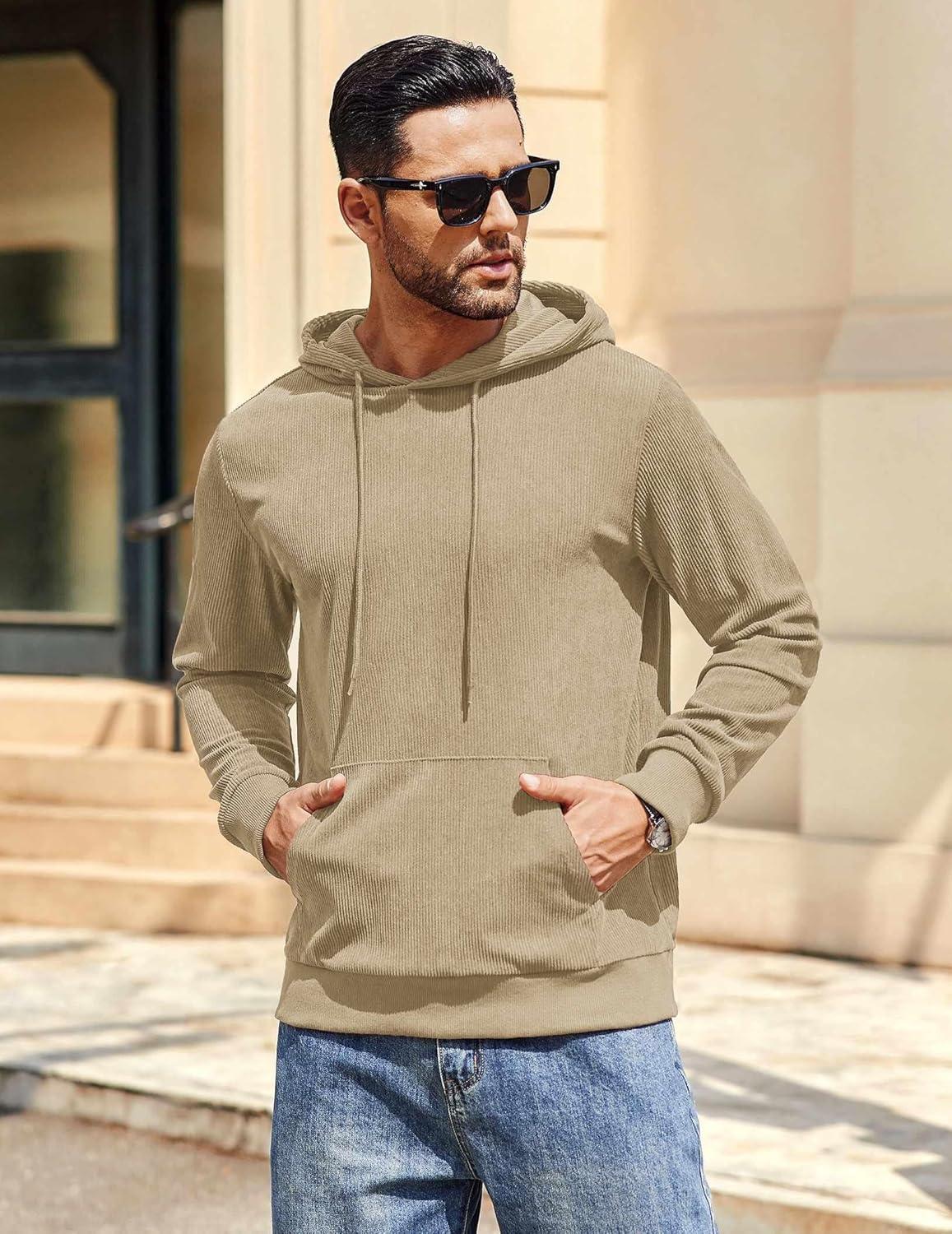 imageCOOFANDY Mens Hooded Sweatshirt Long Sleeve Casual Corduroy Drawstring Pullover Hoodies with PocketLight Coffee