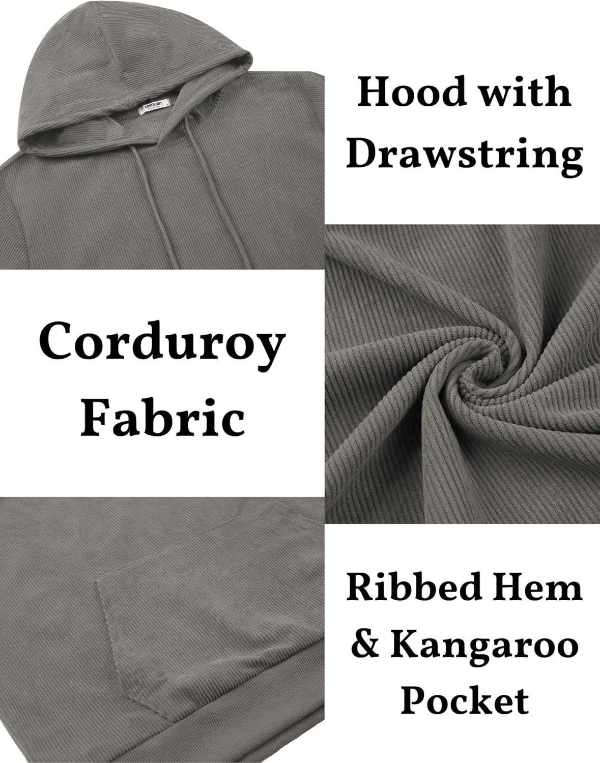 imageCOOFANDY Mens Hooded Sweatshirt Long Sleeve Casual Corduroy Drawstring Pullover Hoodies with PocketLight Grey
