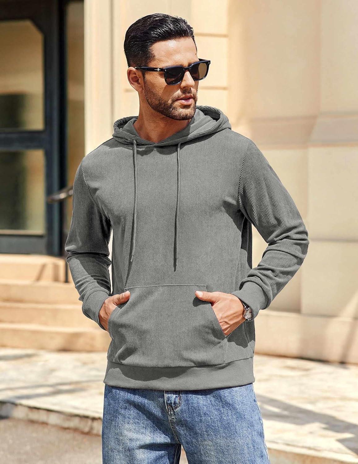imageCOOFANDY Mens Hooded Sweatshirt Long Sleeve Casual Corduroy Drawstring Pullover Hoodies with PocketLight Grey
