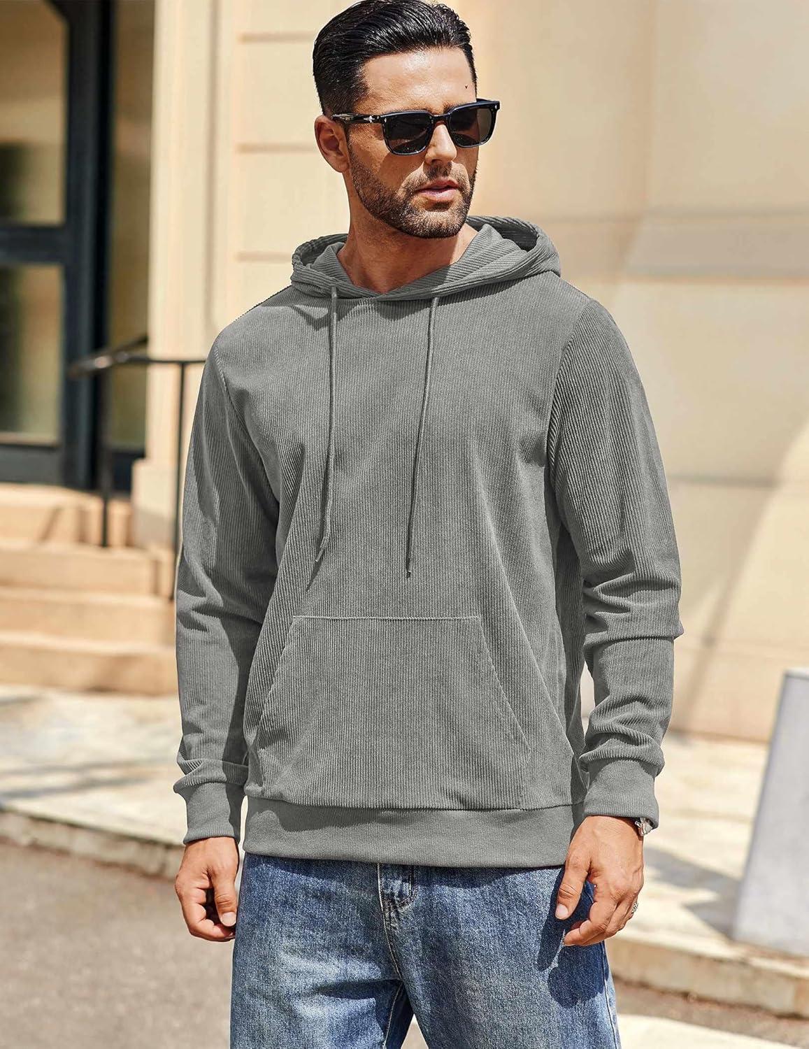 imageCOOFANDY Mens Hooded Sweatshirt Long Sleeve Casual Corduroy Drawstring Pullover Hoodies with PocketLight Grey