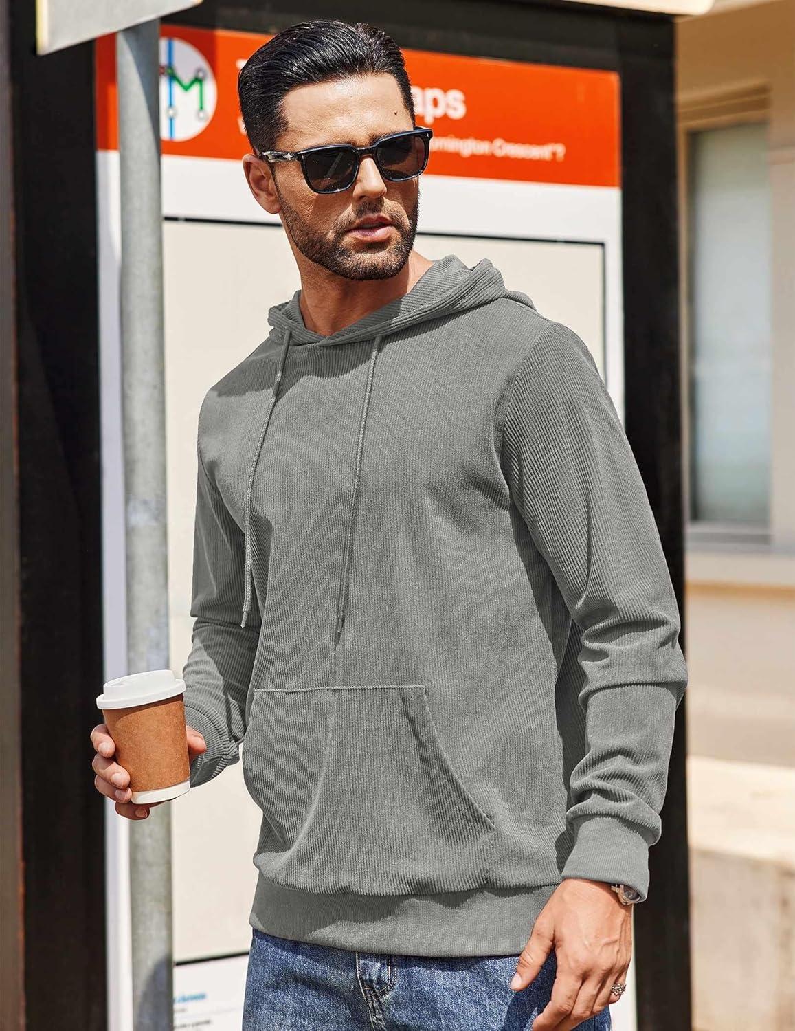 imageCOOFANDY Mens Hooded Sweatshirt Long Sleeve Casual Corduroy Drawstring Pullover Hoodies with PocketLight Grey